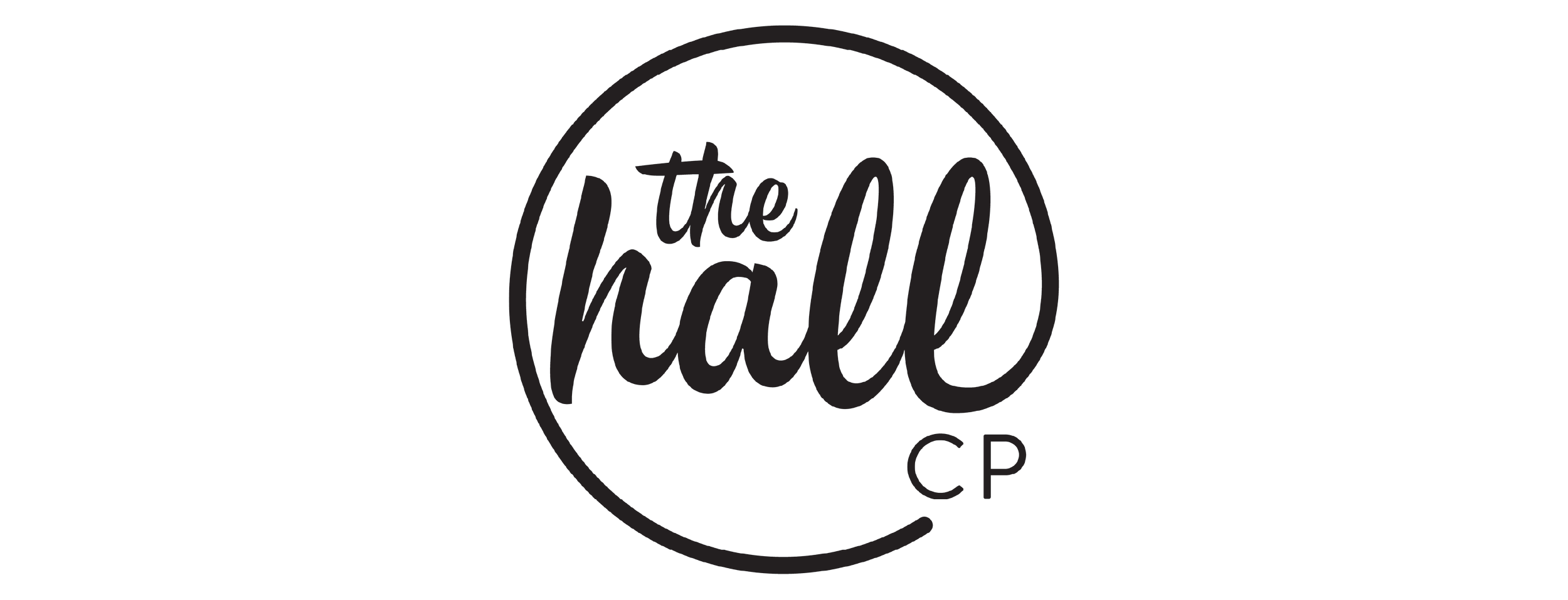 A black circular logo with the words "the hall" in cursive and "CP" underneath.
