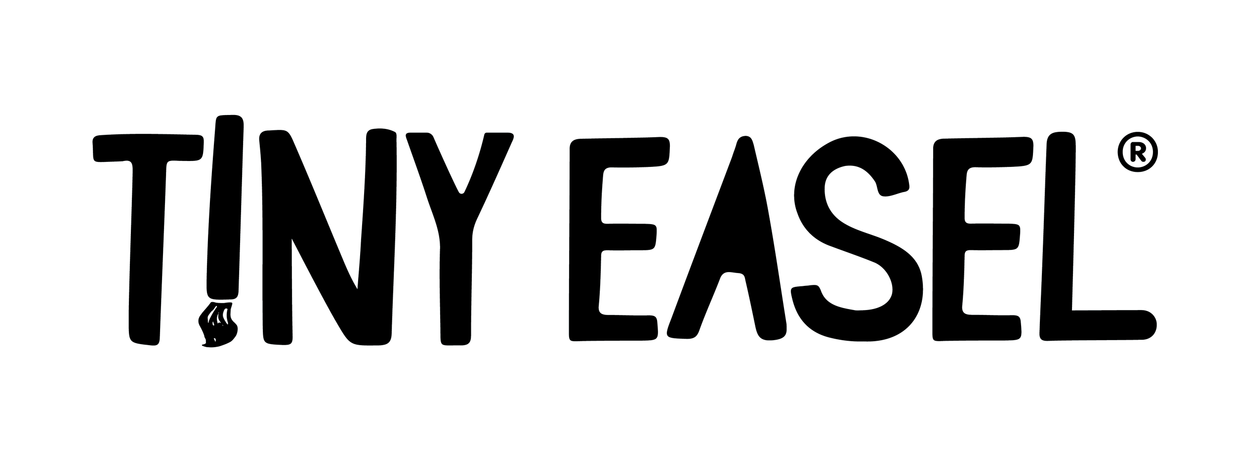 Line drawing of the words 'Tiny Easel' with the 'i' in 'Tiny' depicted as a small paint brush.