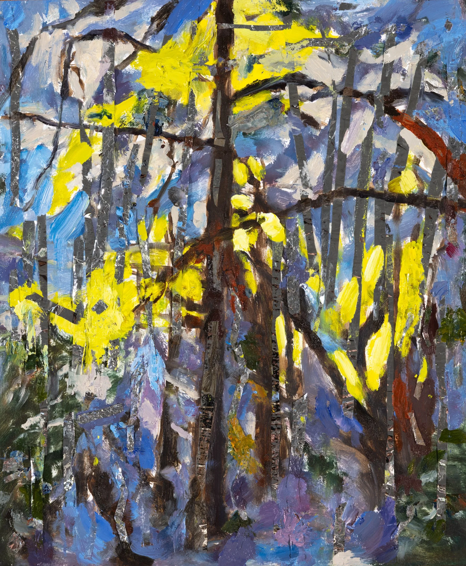 Fire Trail Redwood, Oil and Mylar (from fire blanket and Amazon packaging) on birch panel, 12 x 10" 2025