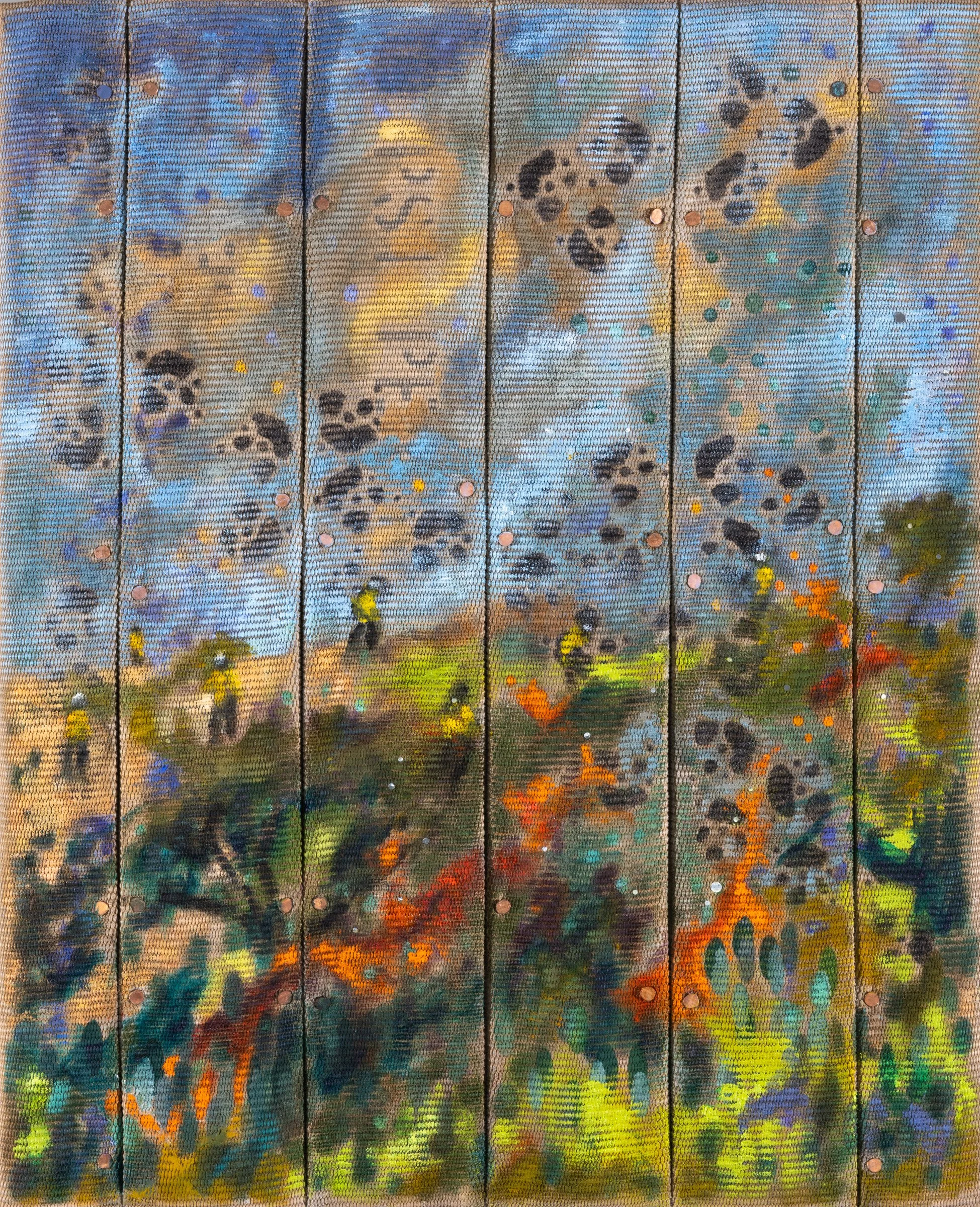 Oil and charcoal (made from redwood and eucalyptus and applied using chainsaw gaskets), mylar from fire blankets and Amazon packaging, and copper tacks on fire hose mounted to panel, 20 x 16" 2025