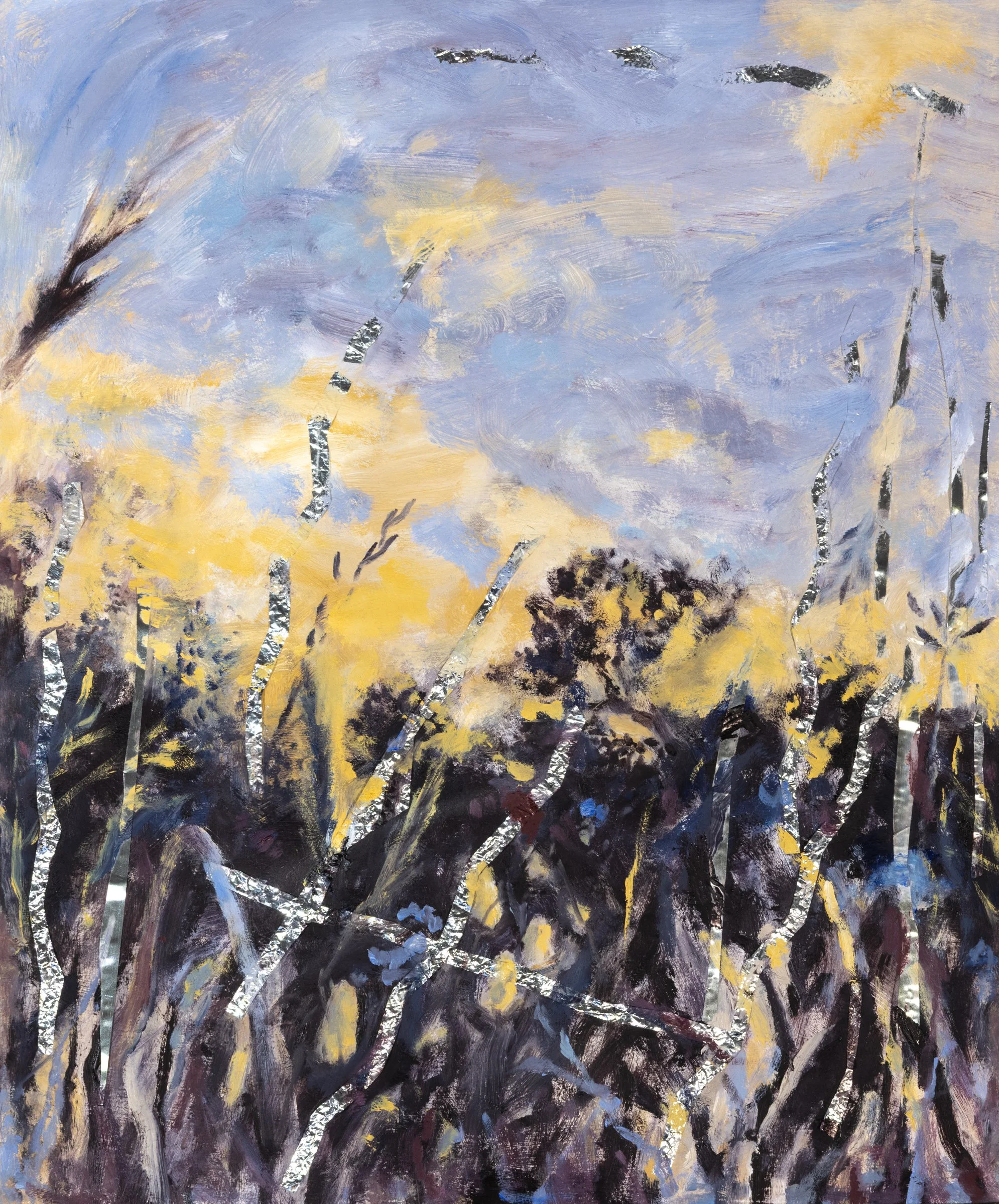 Fire Trail at Dusk, Oil and Mylar (from fire blanket and Amazon packaging) on birch panel, 12 x 10" 2025