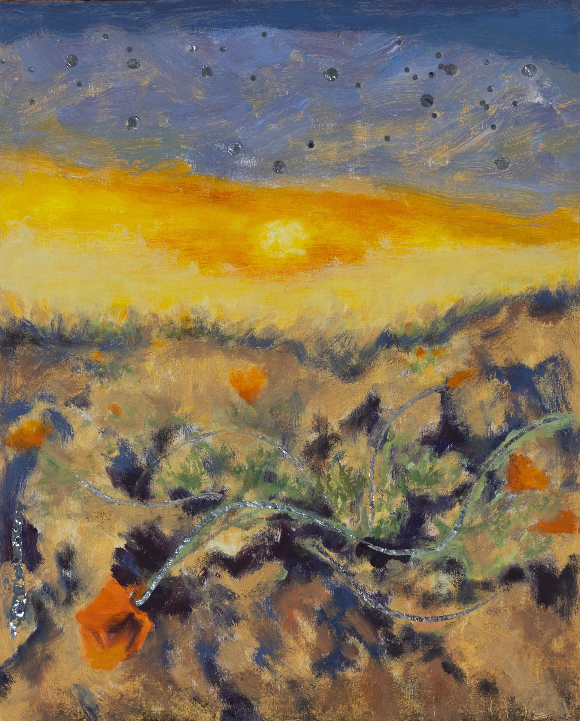 Poppies on Fire, Oil and mylar from fire blanket and amazon packaging on birch panel, 10x8" 2025