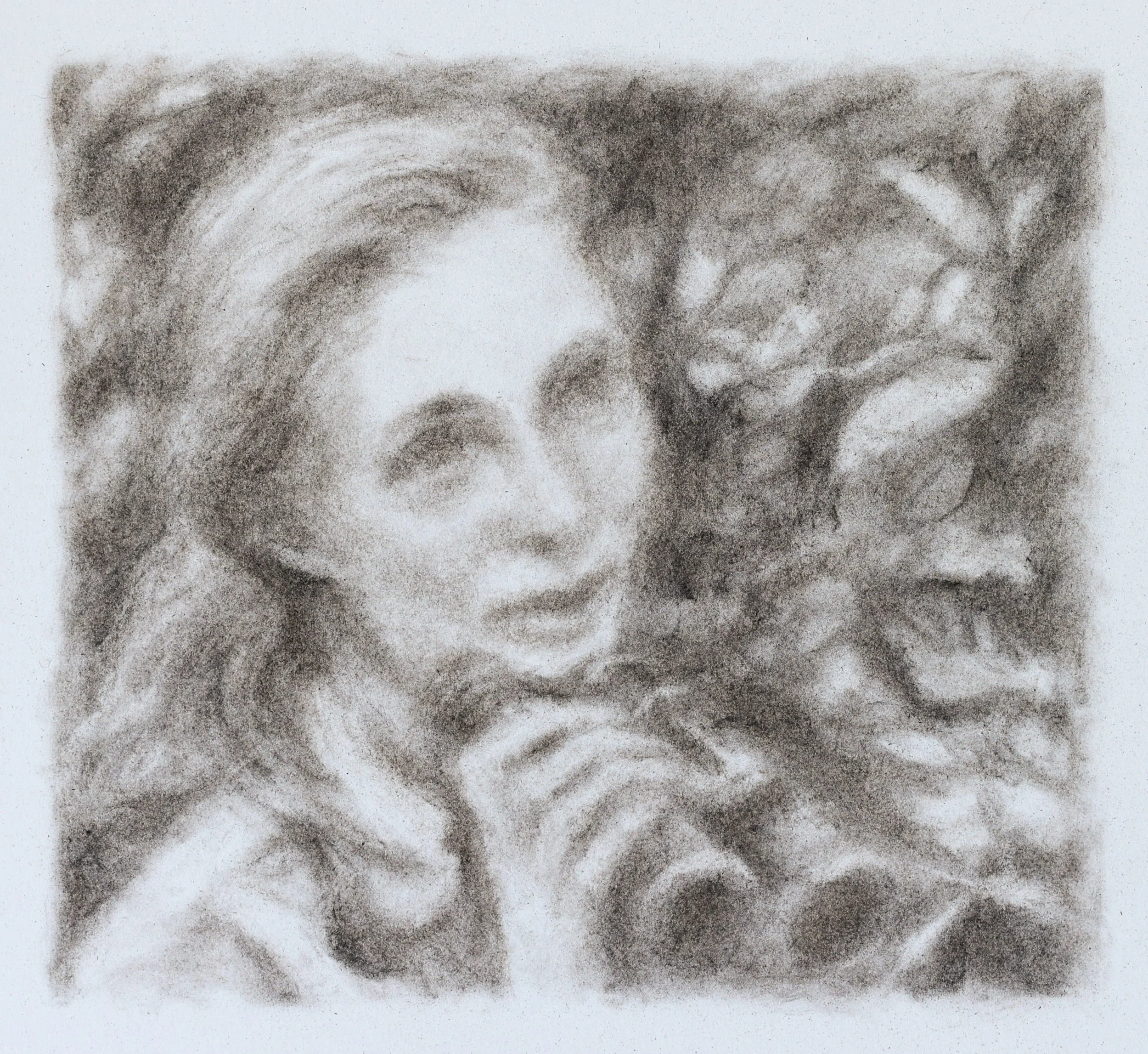 Jane Goodall, Charcoal (made with plants gathered from Meta's garden in Menlo Park, California) on paper, 5 x 5/5" 2026