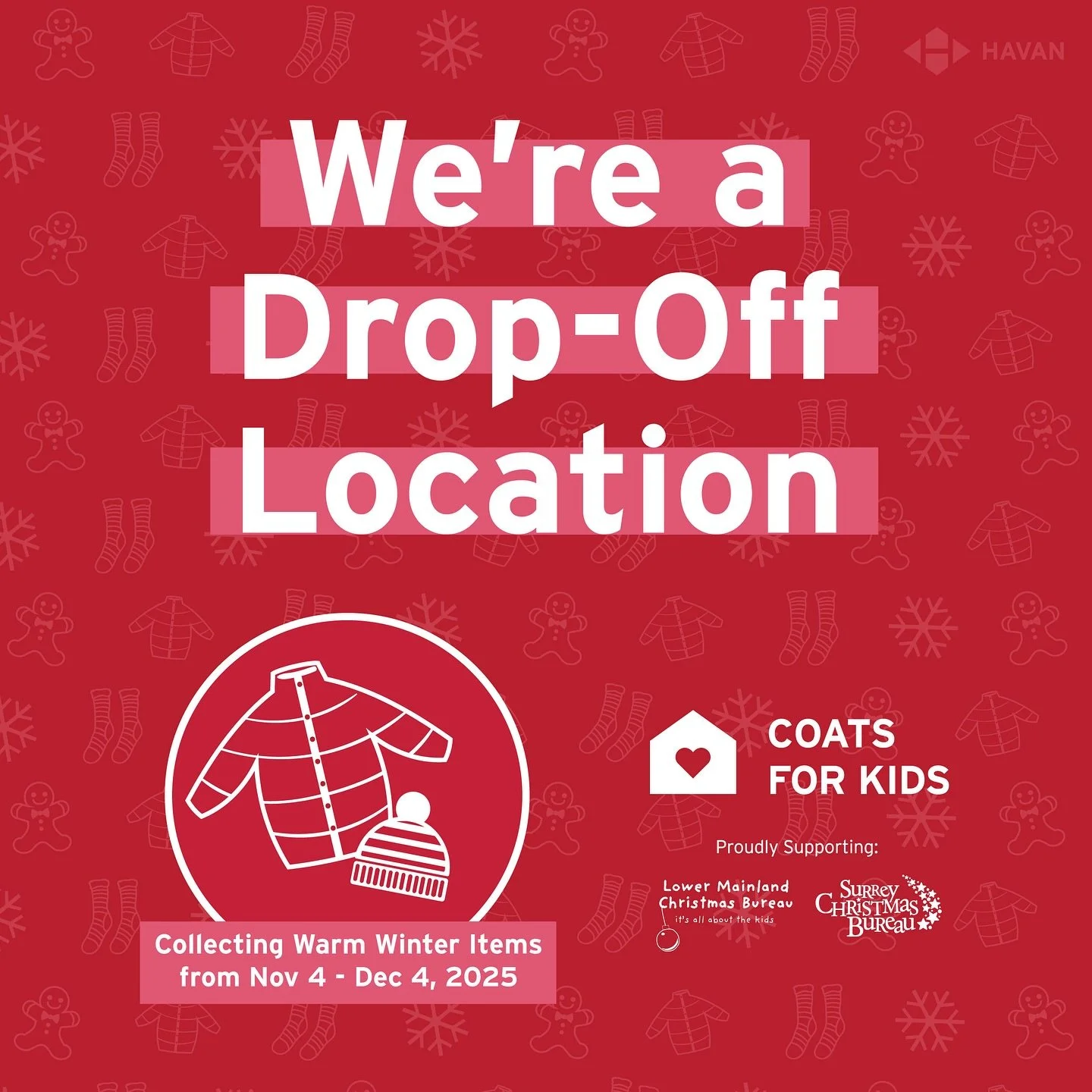 Design Living Interiors is proudly participating in the HAVAN&rsquo;s (Homebuilders Association Vancouver) annual Coats for Kids campaign to help make a difference in our community.

We are providing a drop off location at our unit #2133 - 13353 Comm