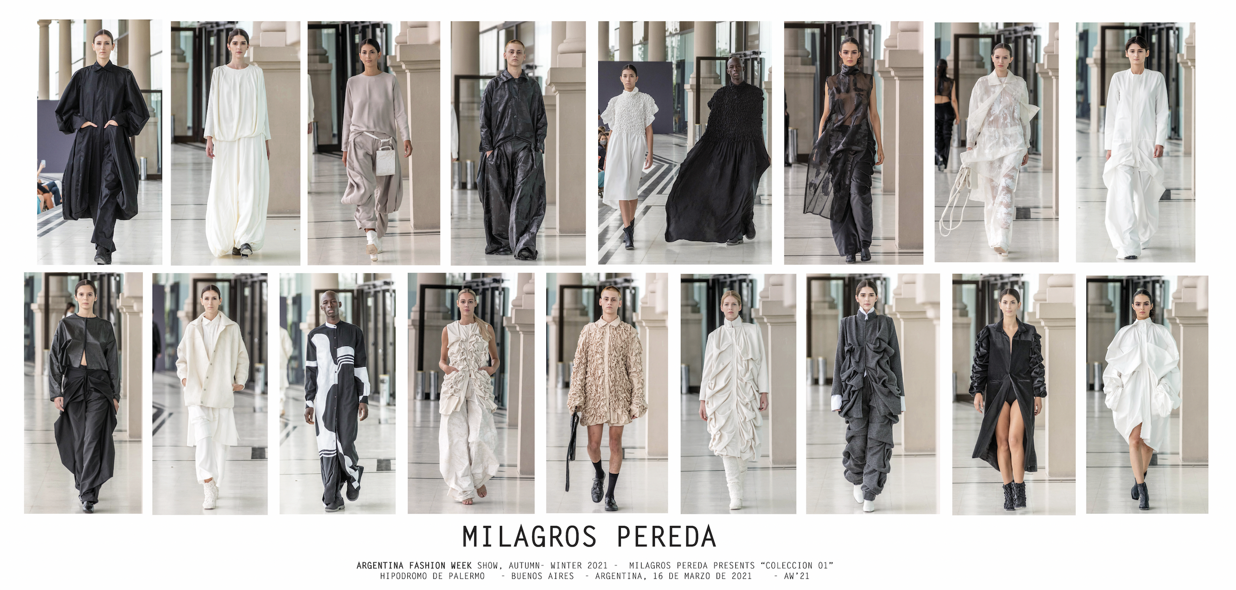 Collection of models on runway showcasing minimalist and avant-garde black and white fashion styles at Argentina Fashion Week Spring 2021, Palermo, Buenos Aires, March 16, 2021.