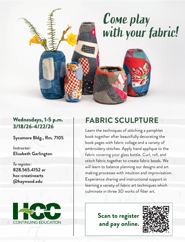 Flyer for Fabric Sculpture Class at Haywood Community College in WNC - March/April 2026.