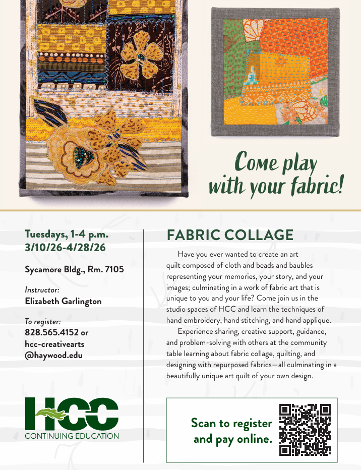 Flyer for Fabric Collage Class at Haywood Community Collage in WNC - March/April 2026.