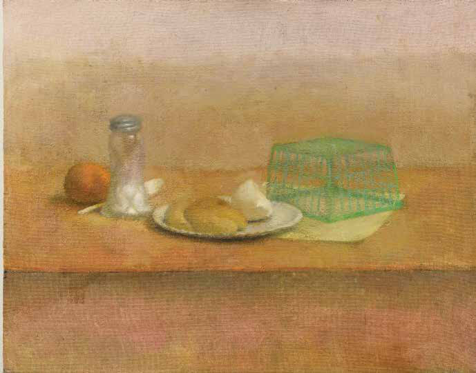 Lennart Anderson, "Still Life with Salt Shaker, Fruit and Rolls" (2000) Oil on linen mounted on board, 16 x 20 in. Collection of the Estate