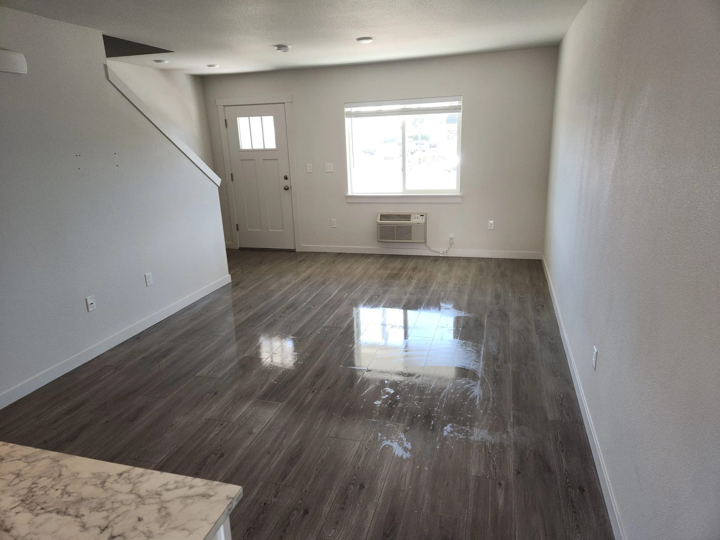 Empty room with white walls, a window, front door, and wood-look flooring.