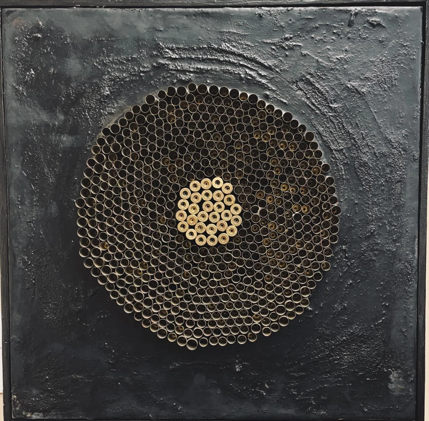 &ldquo;The Last Round&rdquo; 20&rdquo; x 20&rdquo; asphalt. Encaustic and brass on wood panel/ framed in a floater frame.