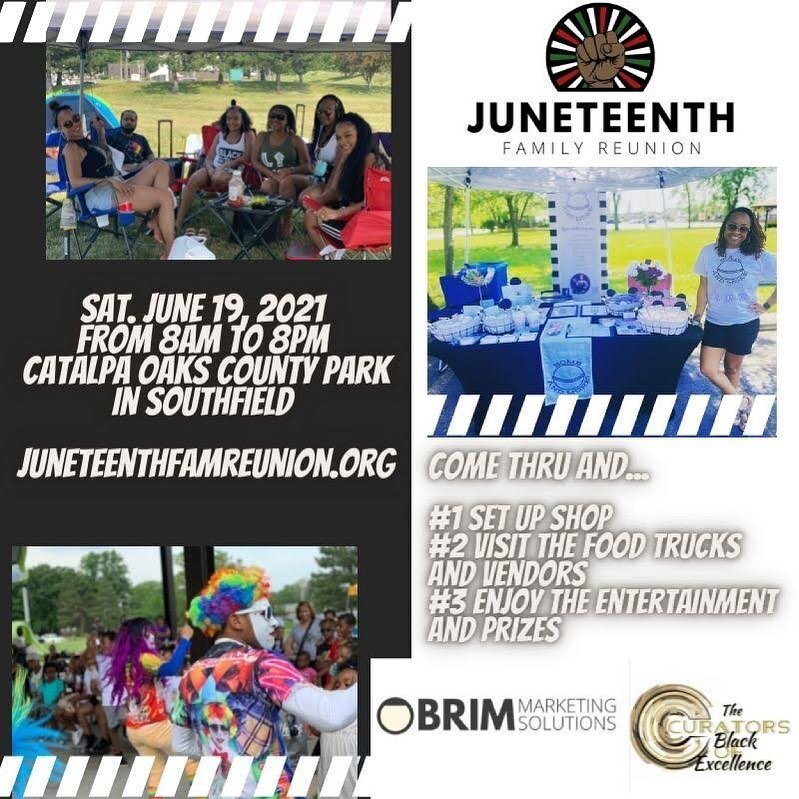 Come out and support the Best Black-owned food trucks and vendors this Saturday! Plus bring your tents, chairs and blankets and make it a full day with the family! Let&rsquo;s Celebrate Us!!! 

#Juneteenth #JuneteenthFamilyReunion #SavetheDate #Junet