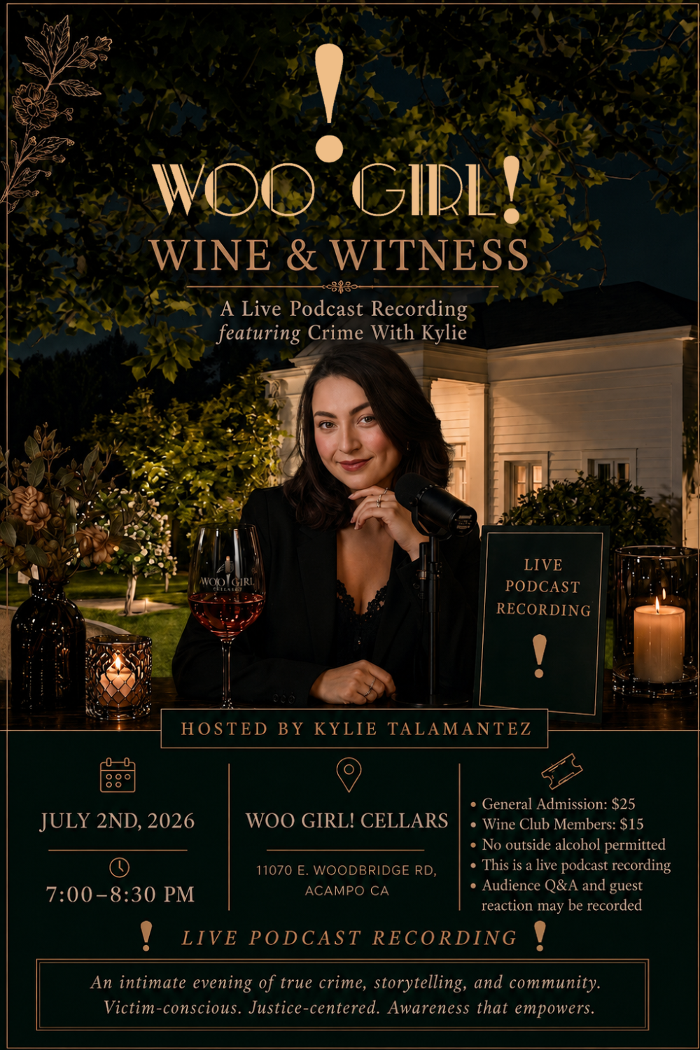 Event flyer for WOO GIRL! Wine & Witness, a live true crime podcast recording featuring True Crime with Kylie at WOO GIRL! Cellars in Acampo, California, with wine, candlelight, and tasting room lawn event details.