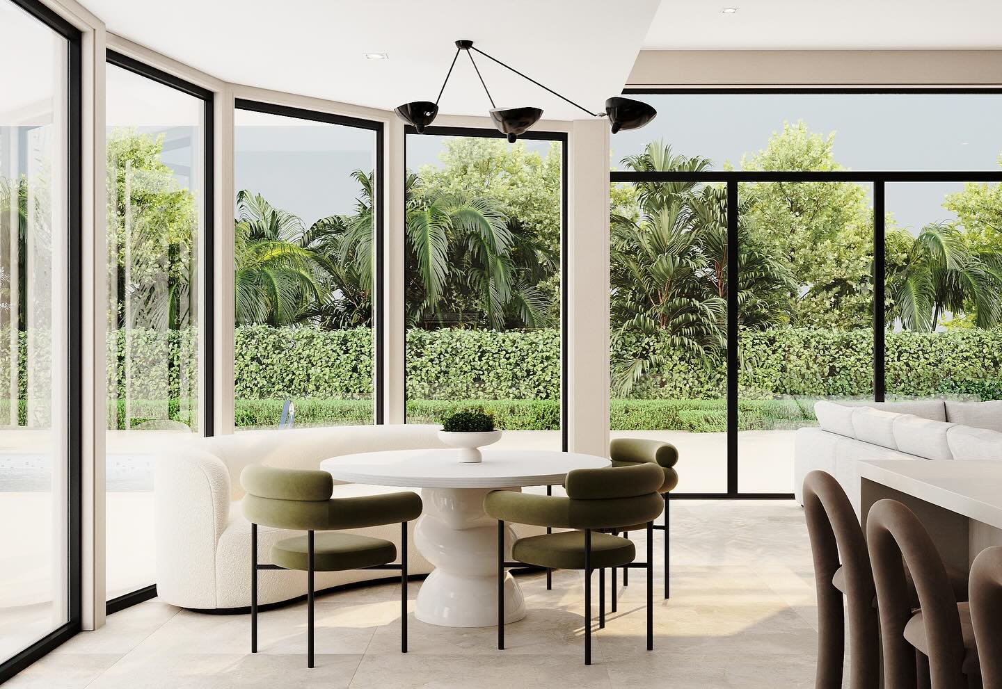Breakfast nook. Architectural dining table base, complemented by a banquette that seats three.  The chairs feature tapered legs, ensuring the table&rsquo;s base remains the focal point. New windows coming in&hellip;. New everything! 

#marionpigeotde