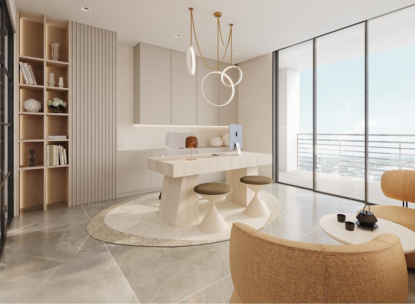 The perfect office set up at our Royal Palm condo showcasing treasured teapots, a precious keepsake from the client&rsquo;s mother, set against a serene, Chinese-inspired backdrop - a rice paper film, softly lit creating a warm ambience and a gorgeou