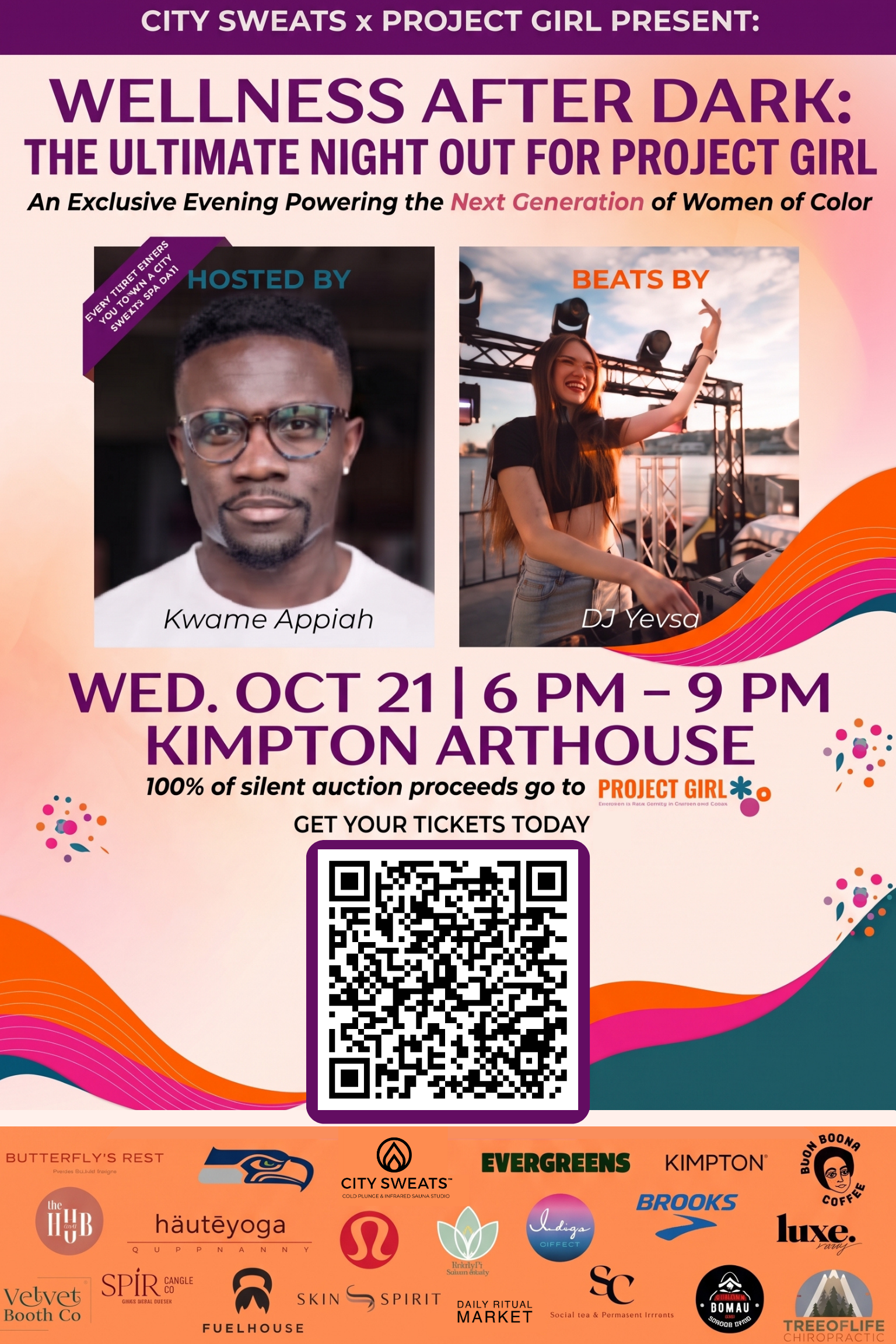 Wellness After Dark fundraiser for Project Girl at Kimpton Palladian House in Seattle on October 21, 2026, hosted by City Sweats.