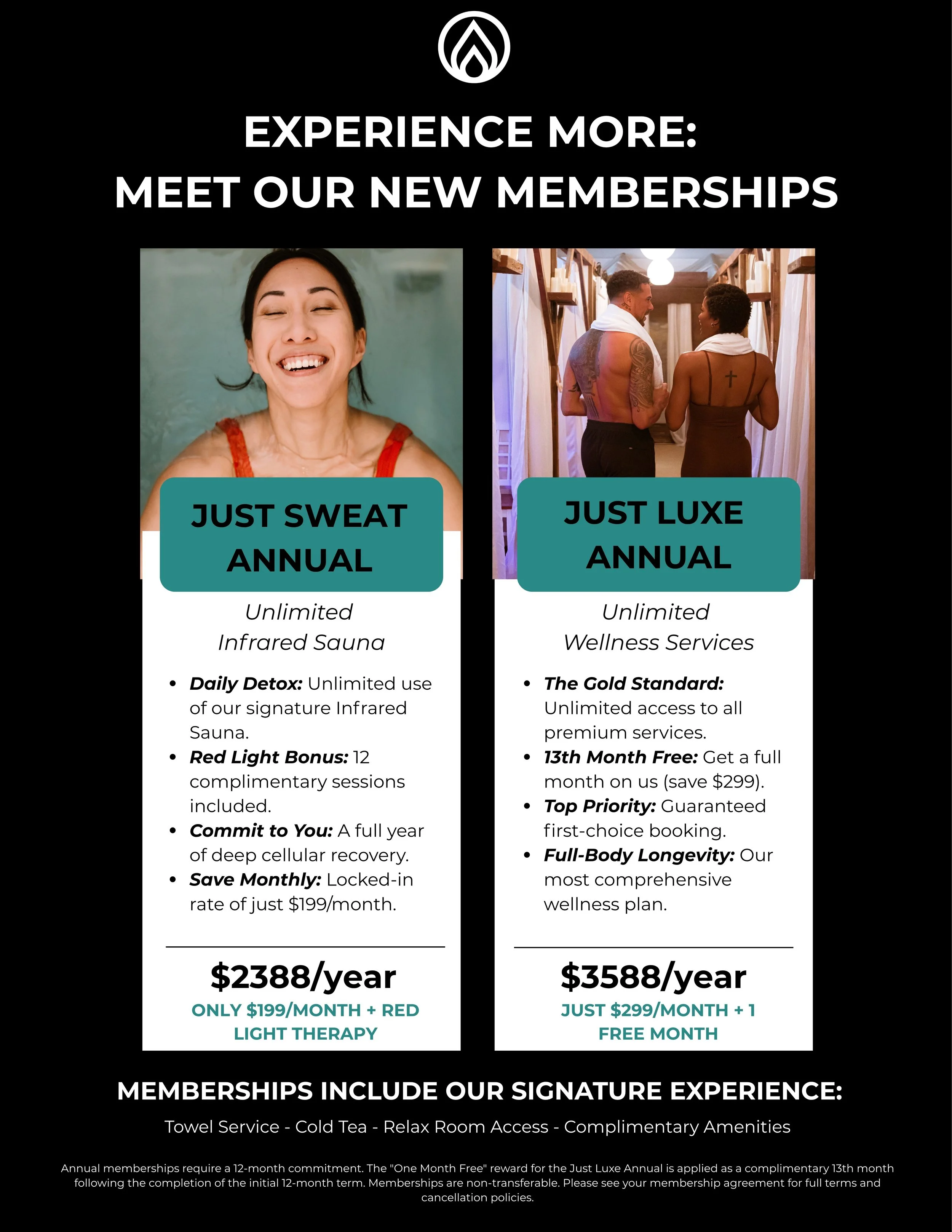 City Sweats annual membership flyer featuring the Just Sweat Annual infrared sauna membership and the Just Luxe Annual wellness membership with exclusive annual savings and premium wellness benefits.