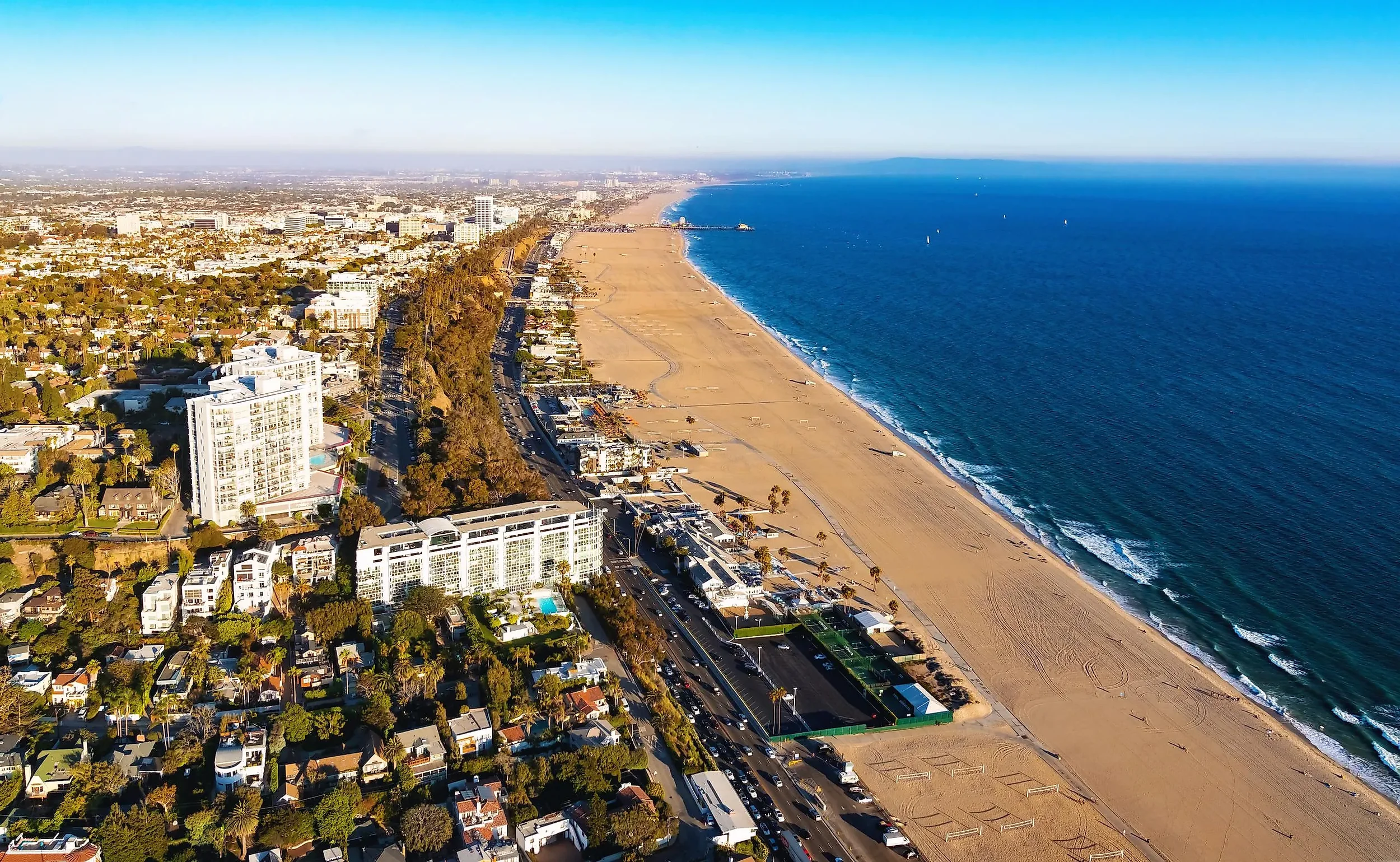 Aerial view of Santa Monica, California highlighting a high-demand coastal market for City Sweats wellness franchise opportunities.