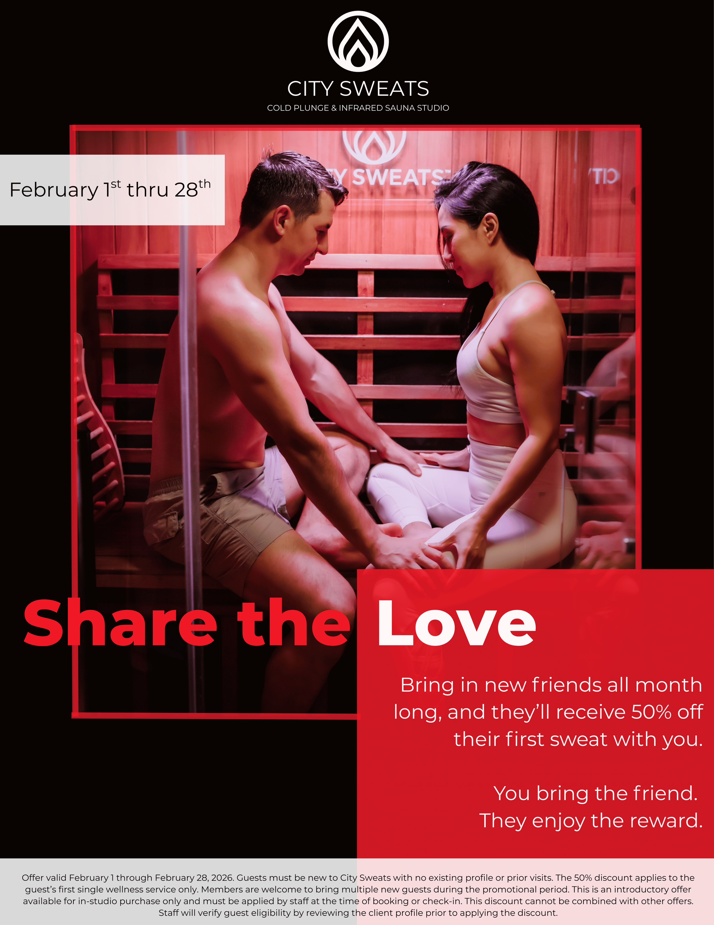 Couple enjoying an infrared sauna at City Sweats during the Share the Love referral promotion.