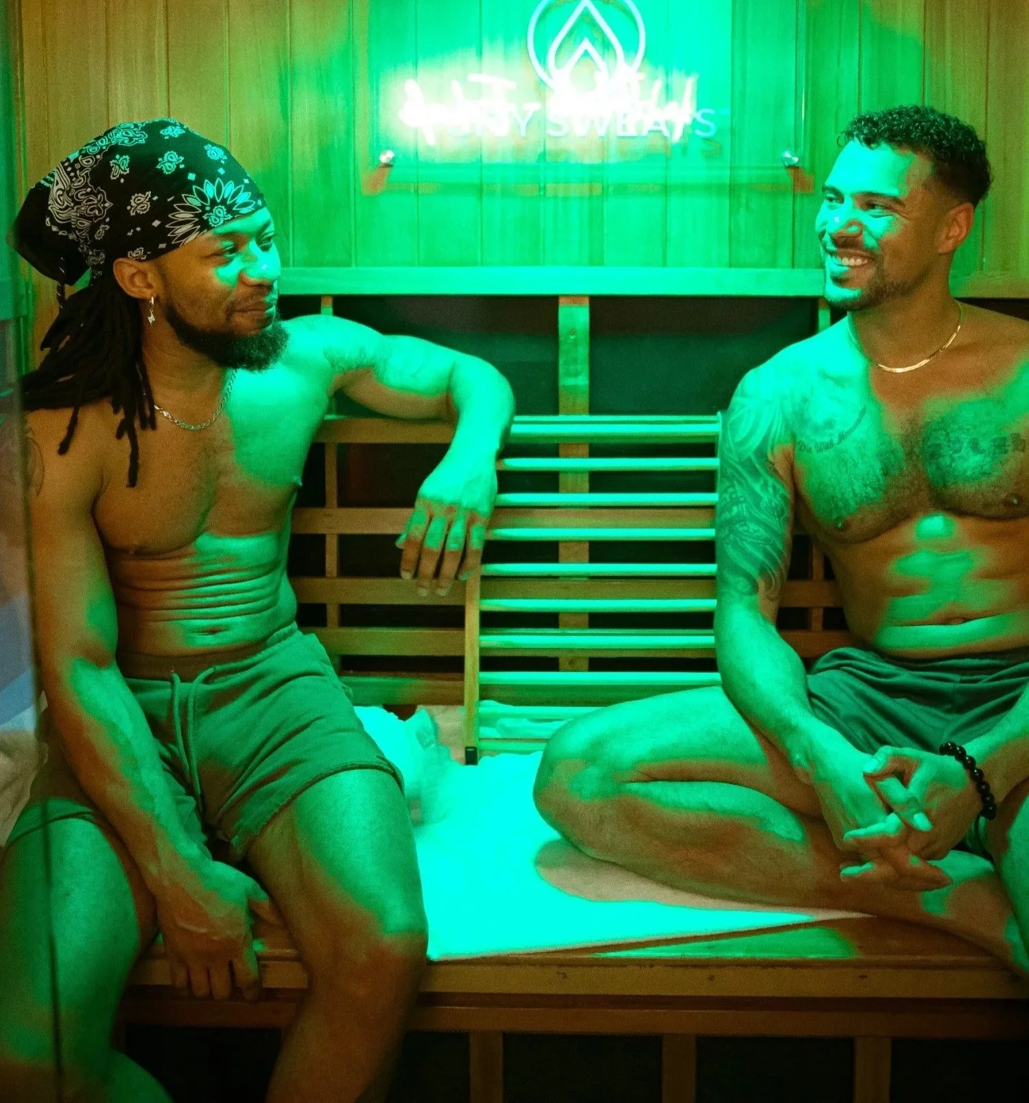 Guests enjoying an infrared sauna session at City Sweats. Qualified customers may be eligible for HSA/FSA reimbursement.