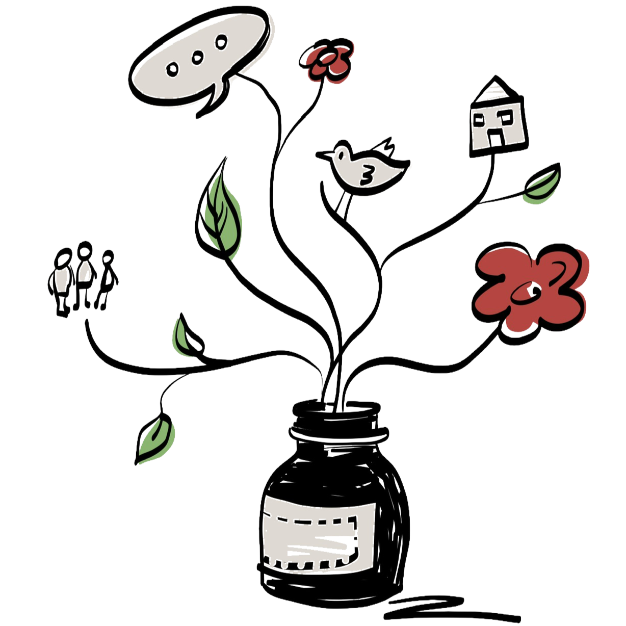 A drawing of a flower vase with various cartoon-like flowers, a bird, a house, a cherry, and three people standing together.