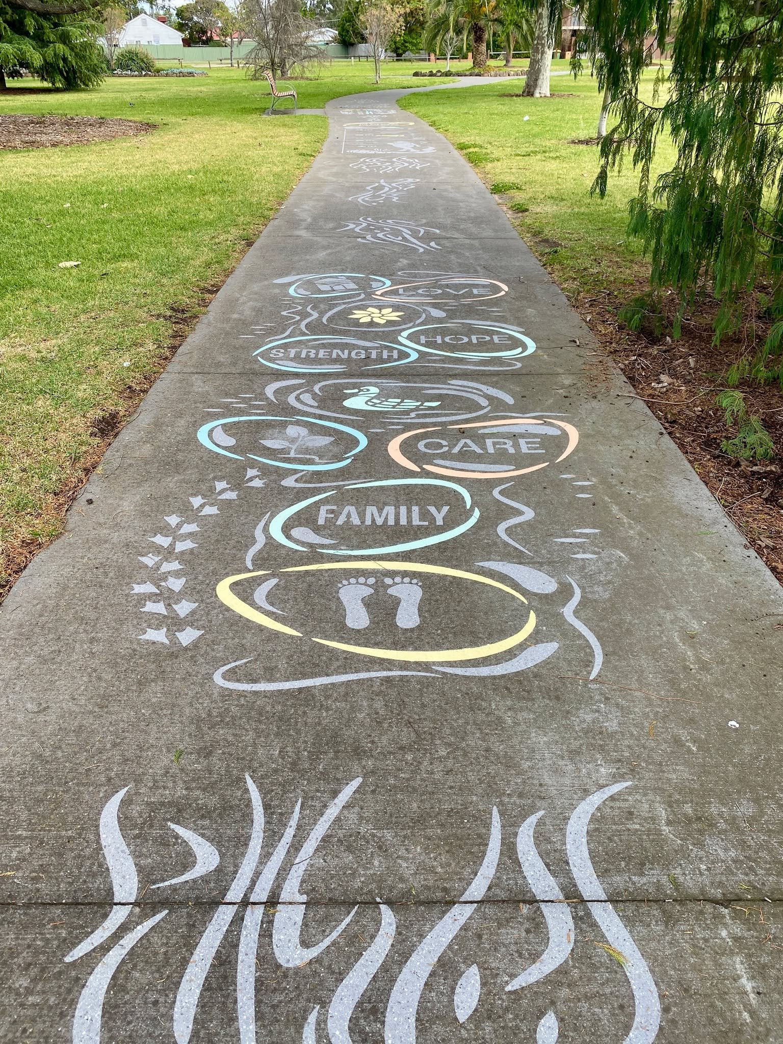 Pavement artwork along the Maribyrnong River.
Developed from community input after the 2022 floods, and translated into stencil-based designs embedded into the path.