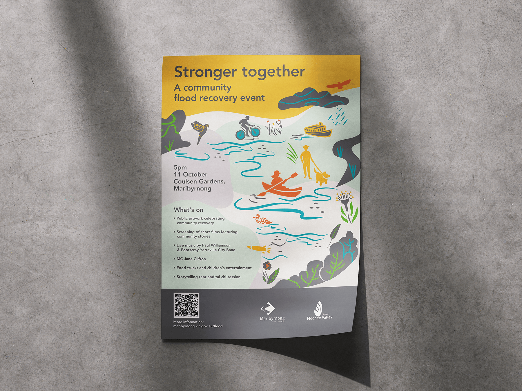 Colorful flyer promoting a community flood recovery event with illustrations of people kayaking, biking, and walking near water, surrounded by nature, with event details and logos at the bottom.