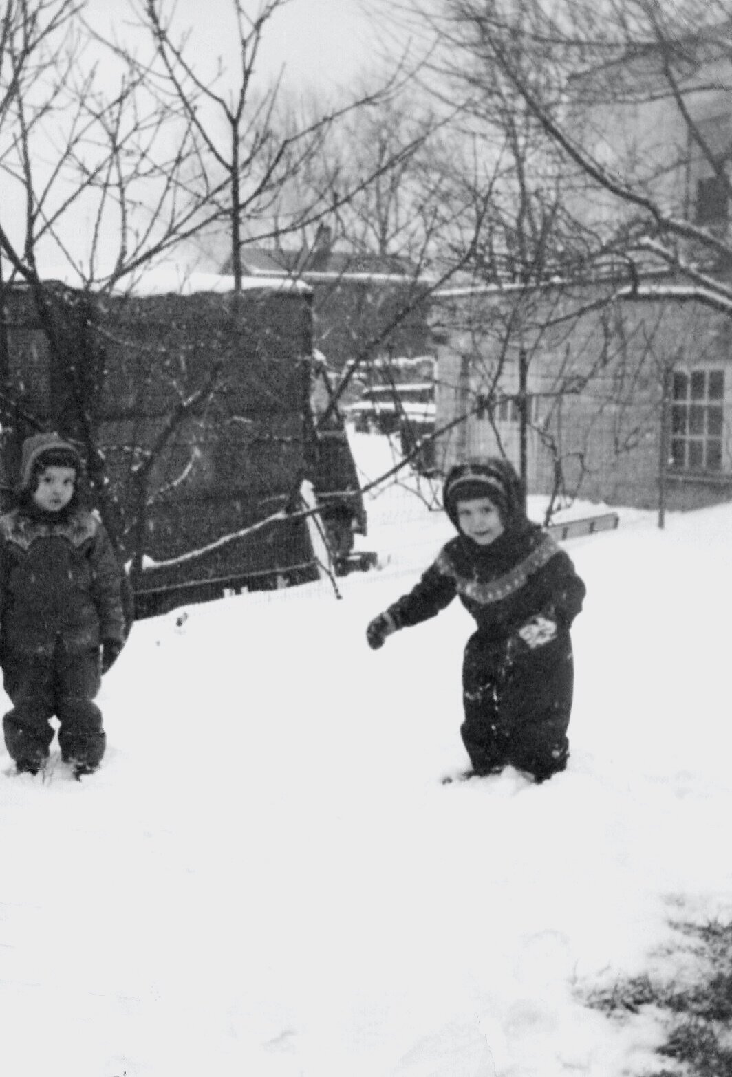  Diane and Linda Vicarel, playing in the snow near the Christmas tree lot, c. 1956 