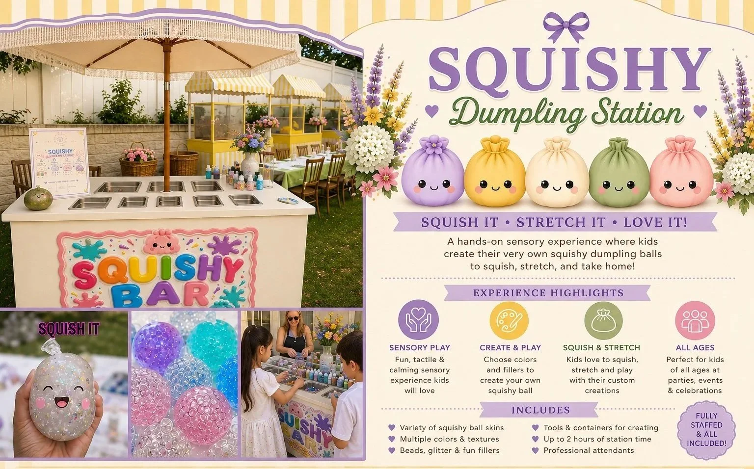 Squishy Dumpling arts and crafts cart and interactive decorating station for parties in New Jersey, NYC, Long Island and Connecticut