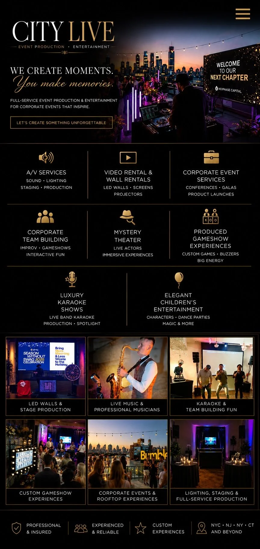 CityLive corporate event production featuring AV services, LED video wall rentals, live music, luxury karaoke, team building, custom game shows and event entertainment in NYC, NJ, NY and CT.