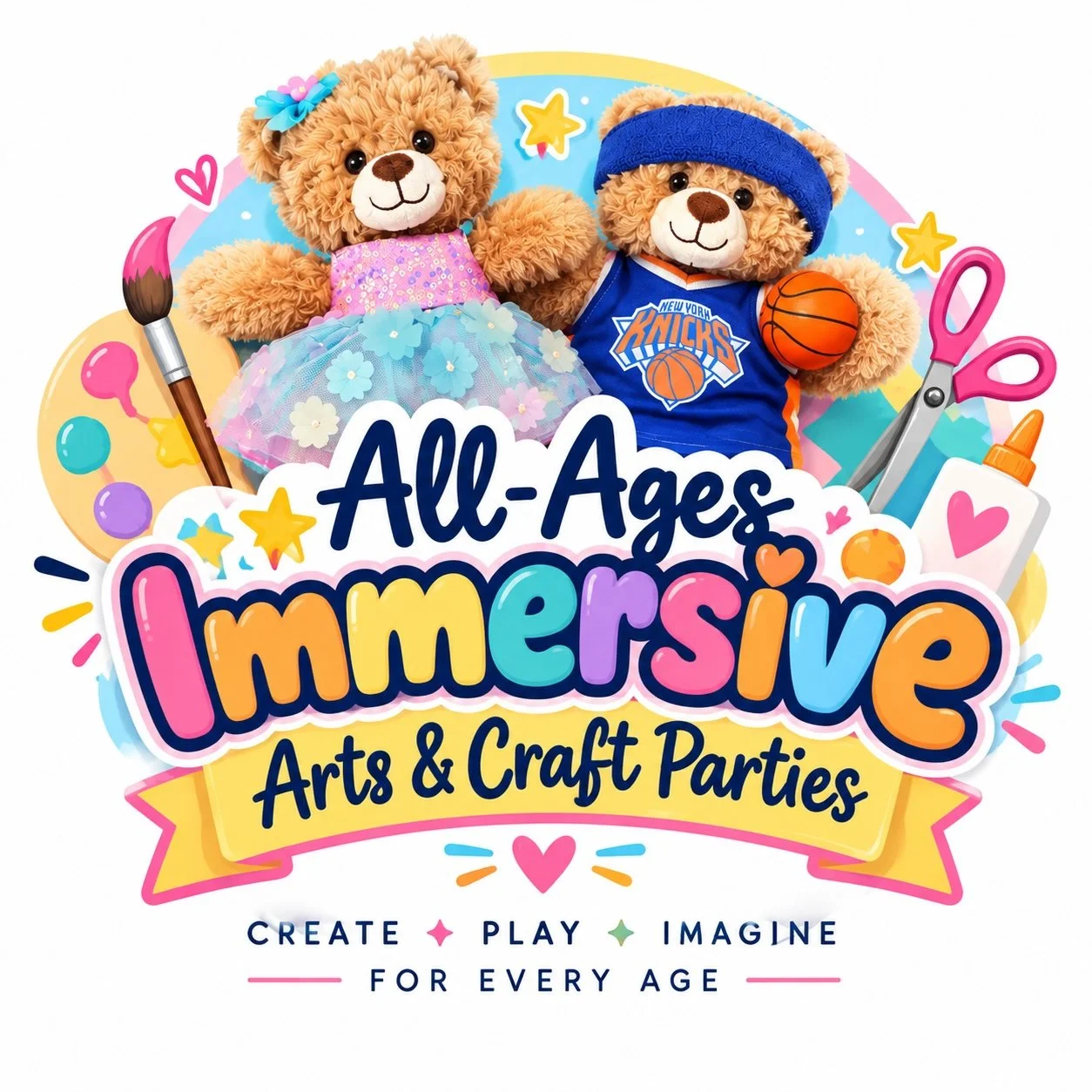 Teddy bear stuffing and dress-up party station with sports and custom outfits