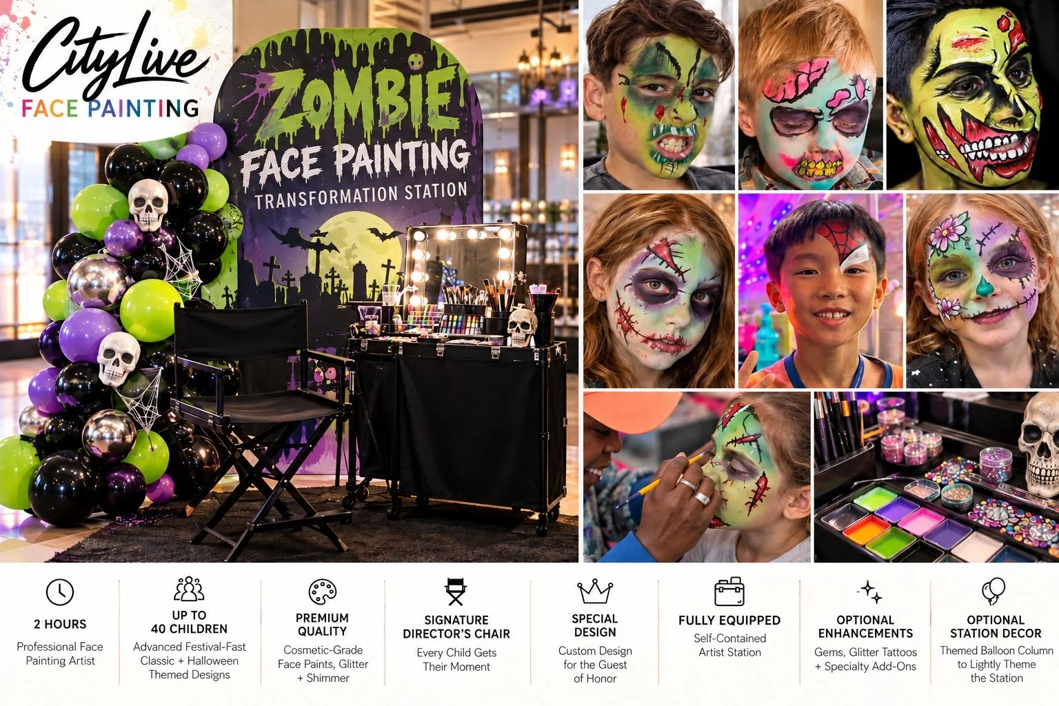 Professional Zombie Face Painting Transformation Station for Halloween events, office parties, corporate family events and kids’ Halloween parties in NYC and New Jersey.
