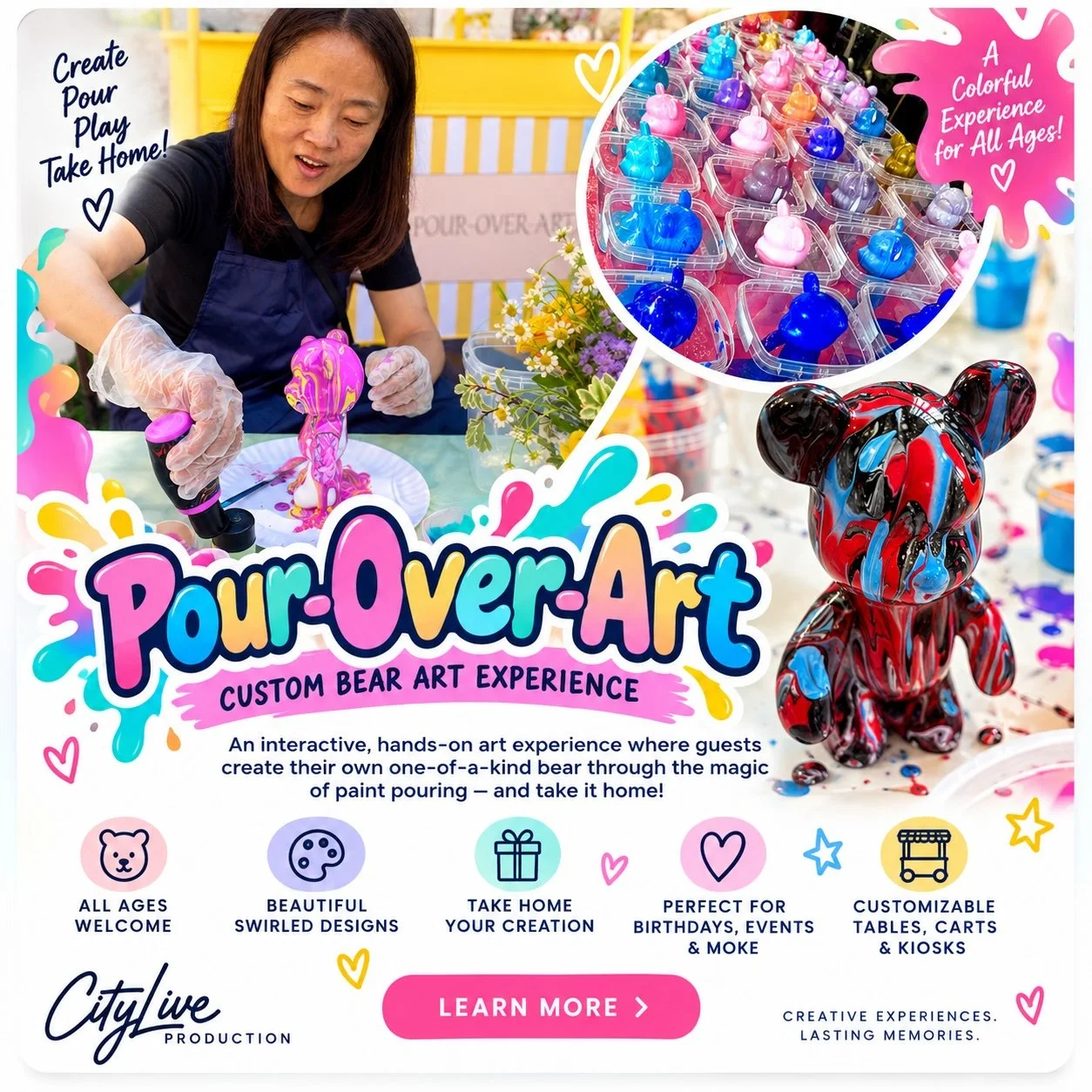 Pour-over bear art parties and paint pouring stations in New Jersey, NYC, Long Island and Connecticut