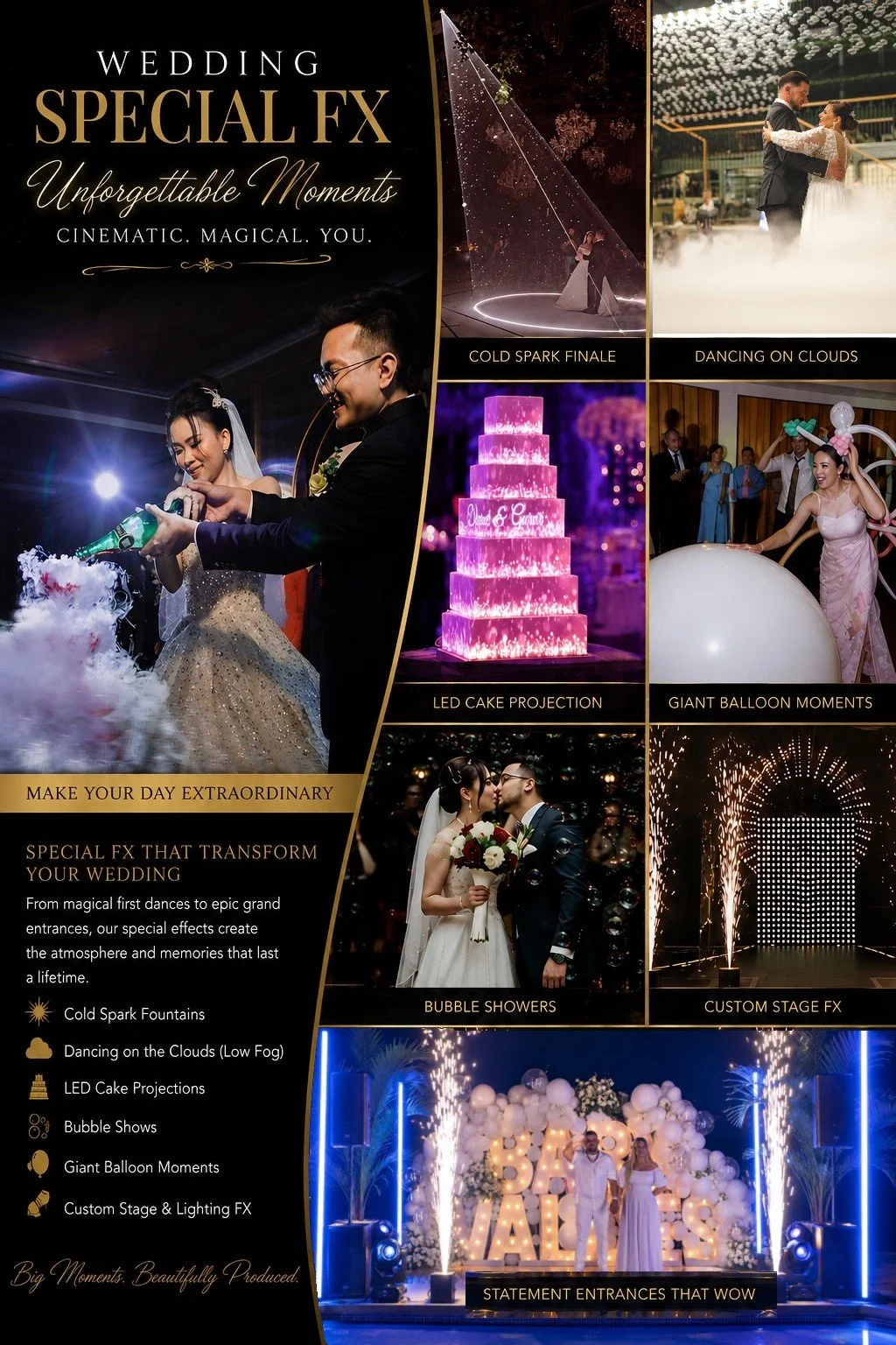 Wedding special FX including cold spark fountains, dancing on clouds low fog, bubble effects, LED cake projection, giant balloon moments and custom wedding lighting.