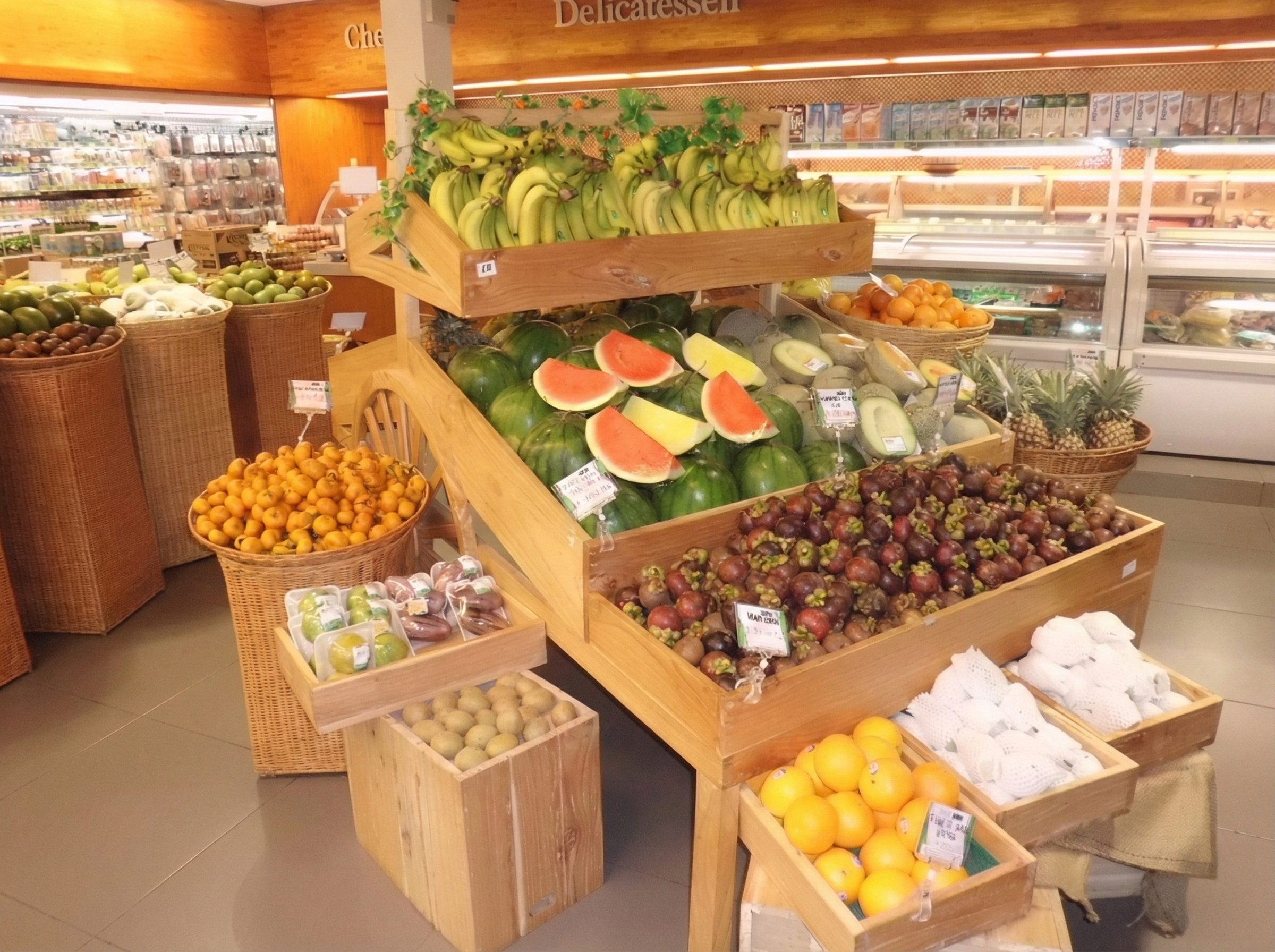 Display of various fresh fruits including bananas, watermelons, pineapples, pomegranates, box of yellow grapefruits, and kiwifruits at a grocery store produce section.