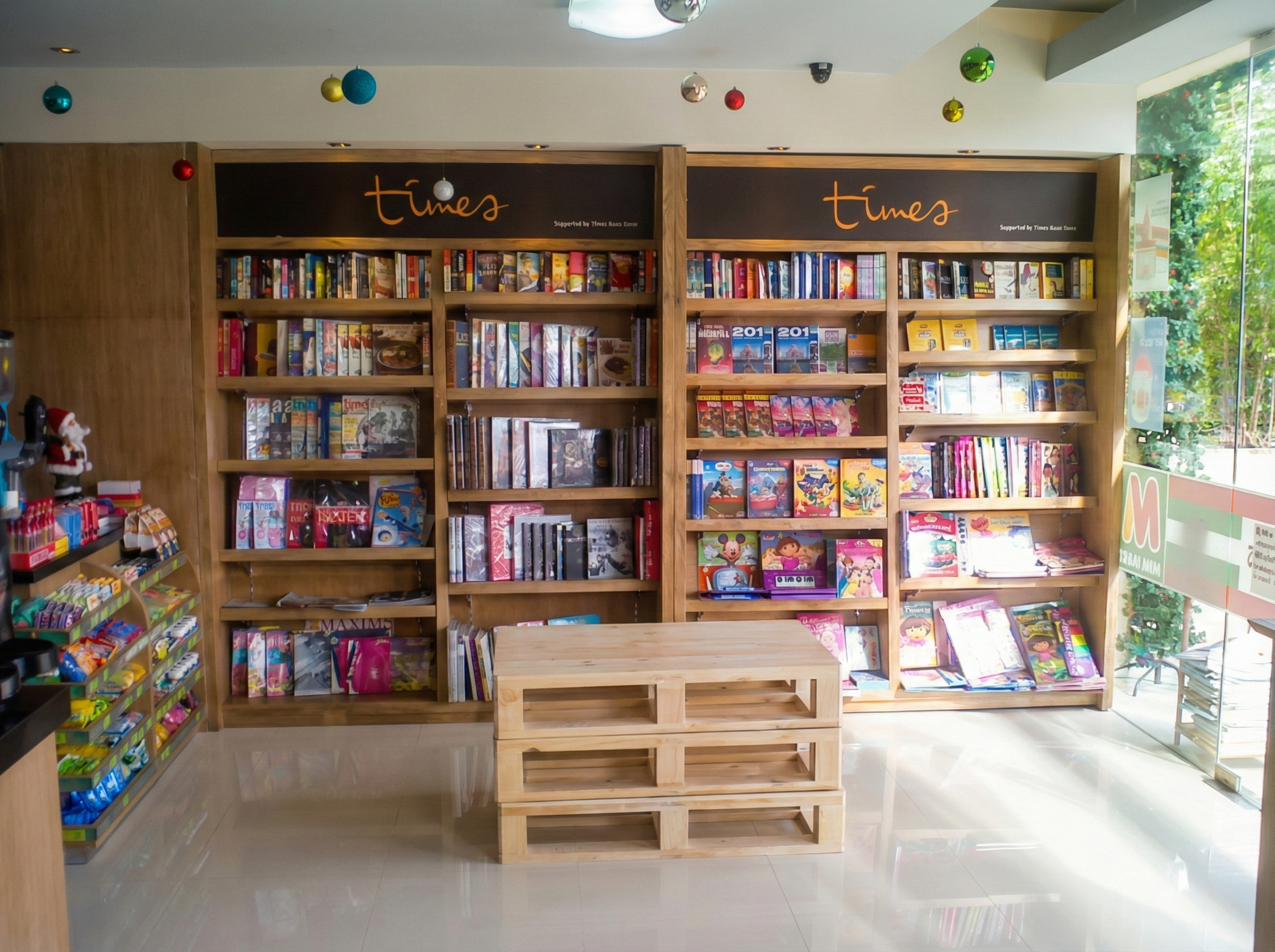 Wooden bookshelves filled with magazines and books in a store. Signage reading 'times' above the shelves. Small merchandise and snacks on a side shelf, and a window with green foliage outside.