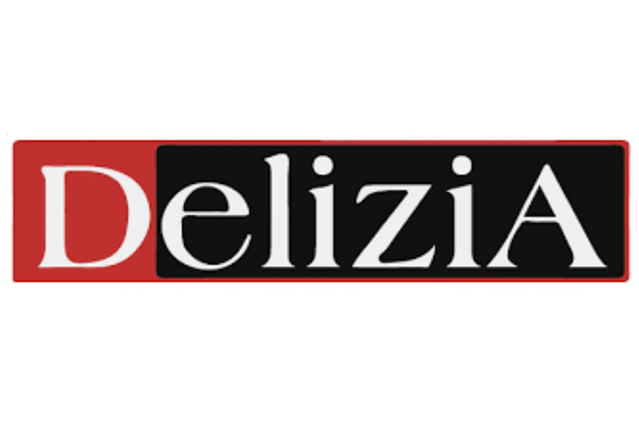 The word "Delizia" written in a stylized font, with "De" in white on a red background and "lizia" in white on a black background, outlined in red.