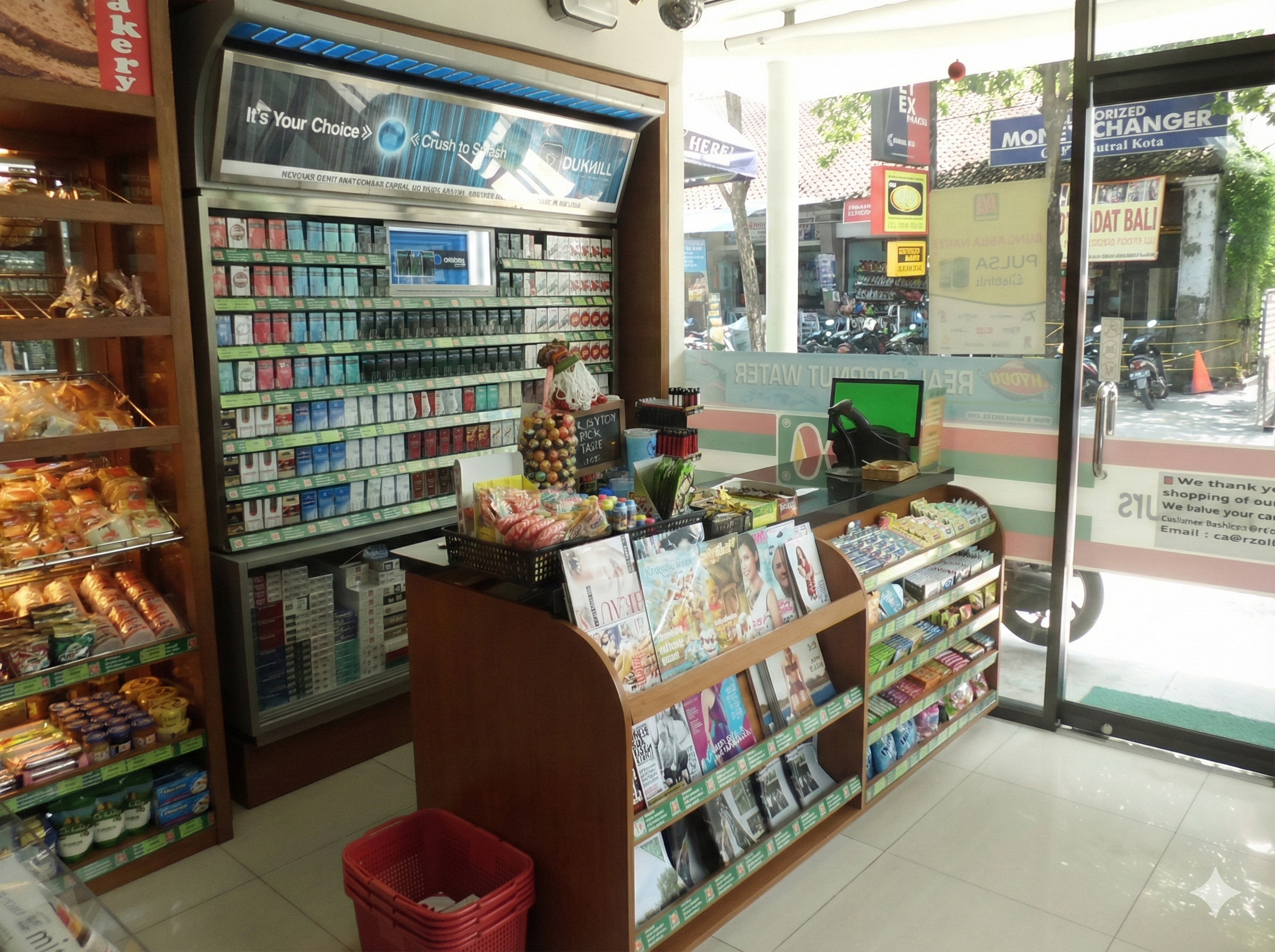 Inside a convenience store with shelves of snacks, magazines, and cigarettes near a glass door with street view.