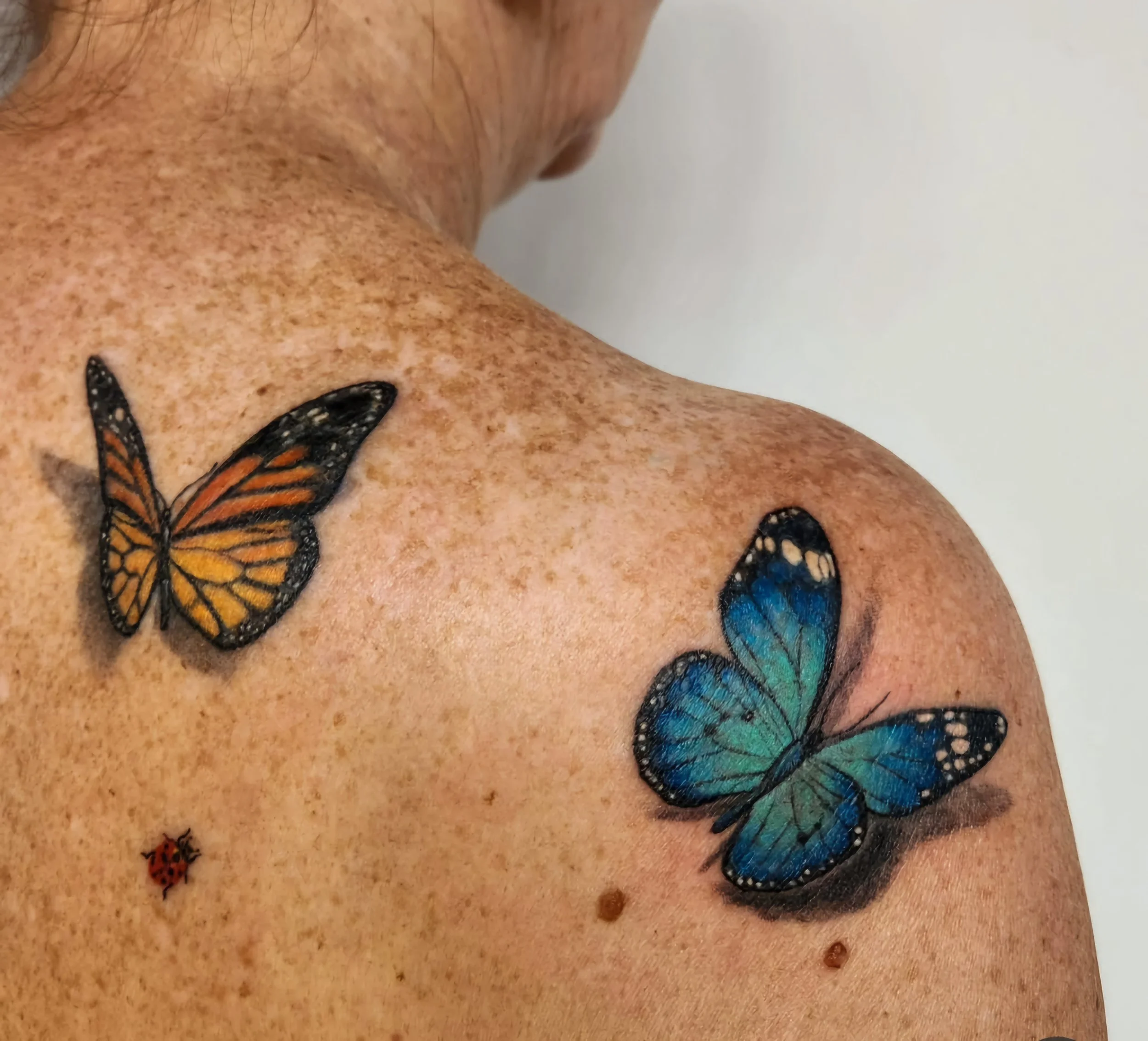 Tattoo of a monarch butterfly and a blue butterfly on a person's shoulder and upper arm.