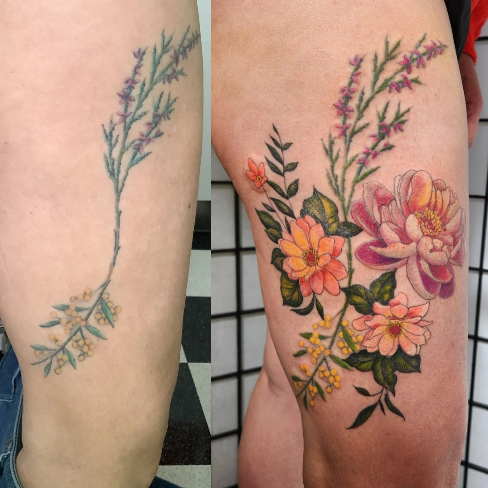 I added some floral and extra colour to this existing tattoo, making a fuller piece!