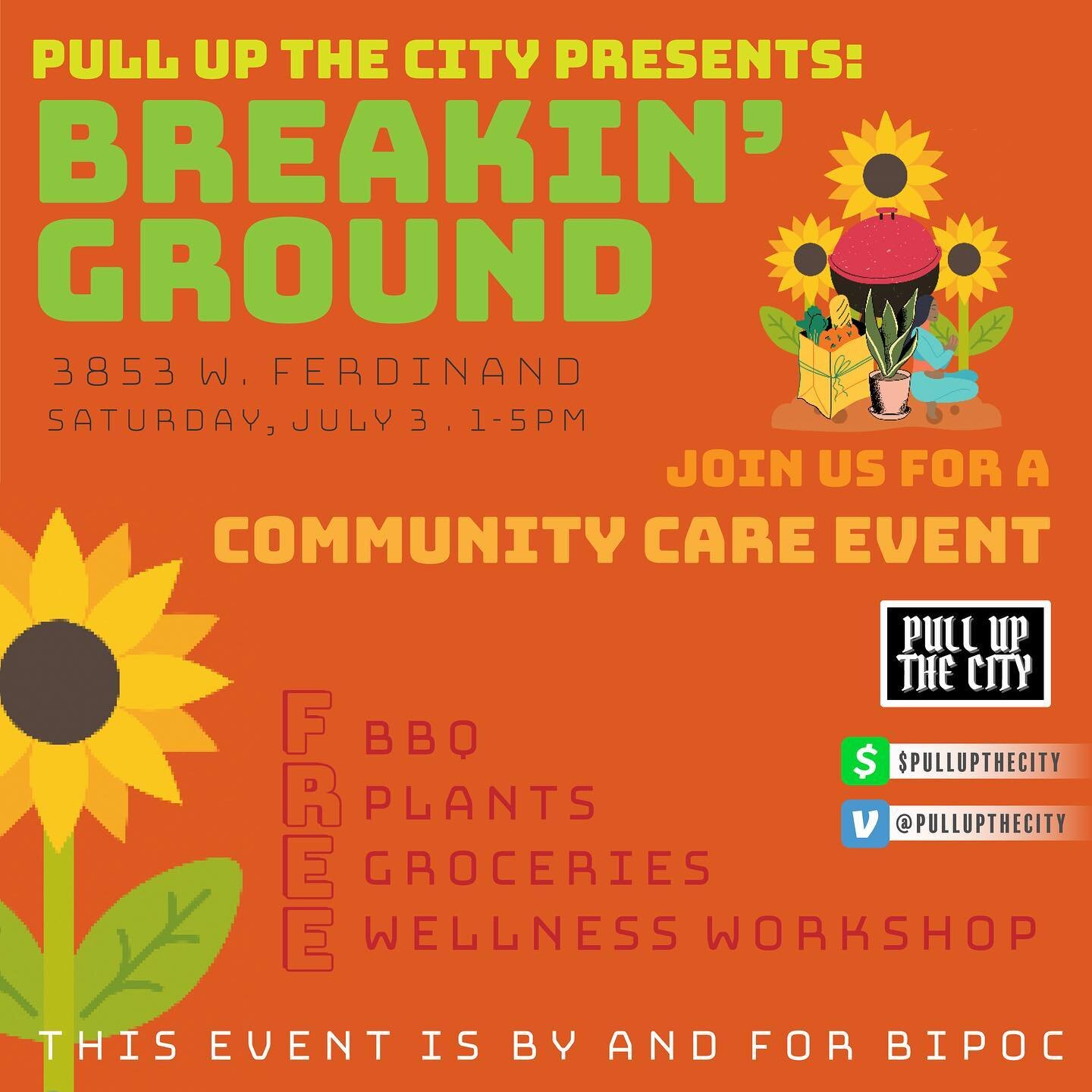 JOIN US this Saturday in welcoming the new space with a free community care event! We&rsquo;ll be passing out groceries, BBQ, juices, plants, and will be hosting wellness workshops FOR FREE99. 

The event is July 3rd from 1-5 PM at 3853 W Ferdinand i