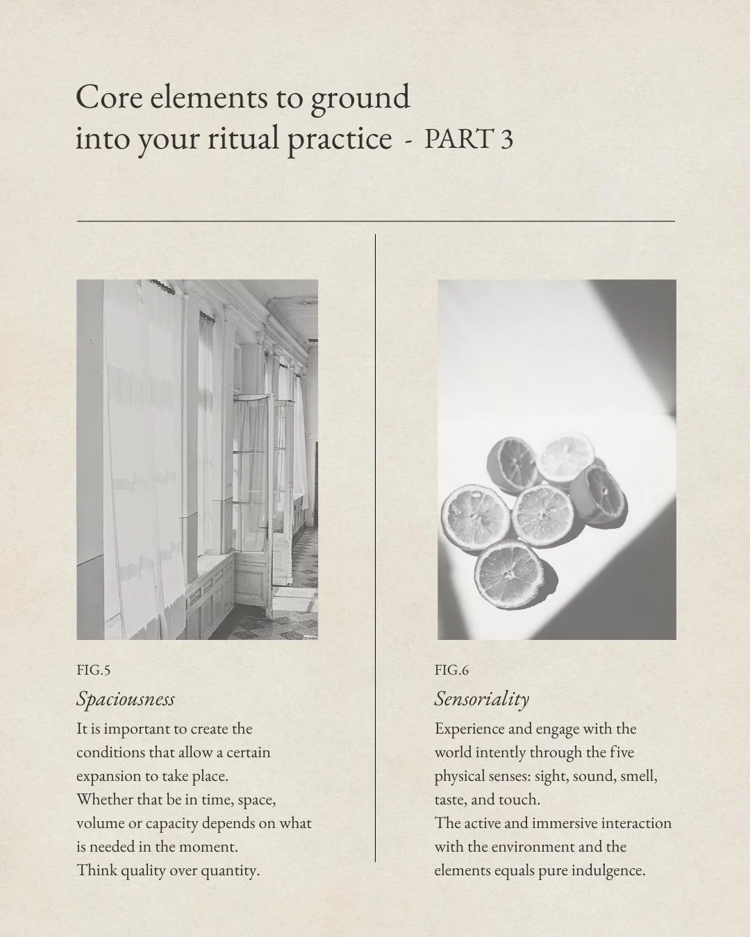 Well hello there! 
Here's the third part of the series about core elements to ground into your ritual practice. 🌕

Creating spaciousness isn't only a needed condition - even if just in the littlest of forms possible - but it is also truly a gift to 