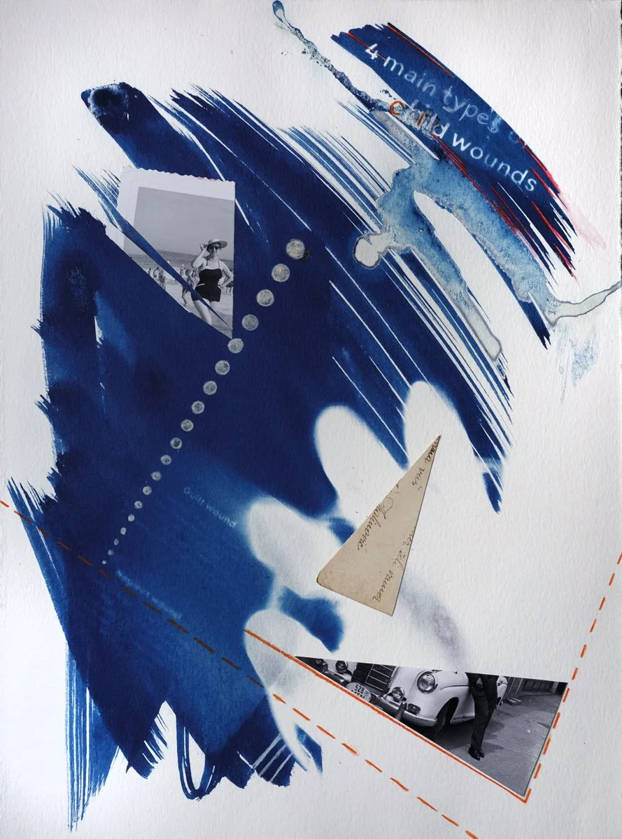 Learn His Wounds, 2026, 11" x 15" in. cyanotype, silver paper, aquarelle pen 