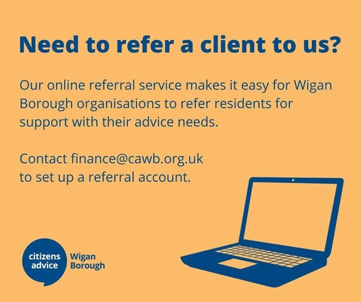 Are you an organisation looking to refer clients to us within #Wigan or #Leigh? Sign up to Refernet, our safe and secure partner referral system.
⠀
Find out more or get in touch at finance@cawb.org.uk  https://cawb.org.uk/blog/refernet