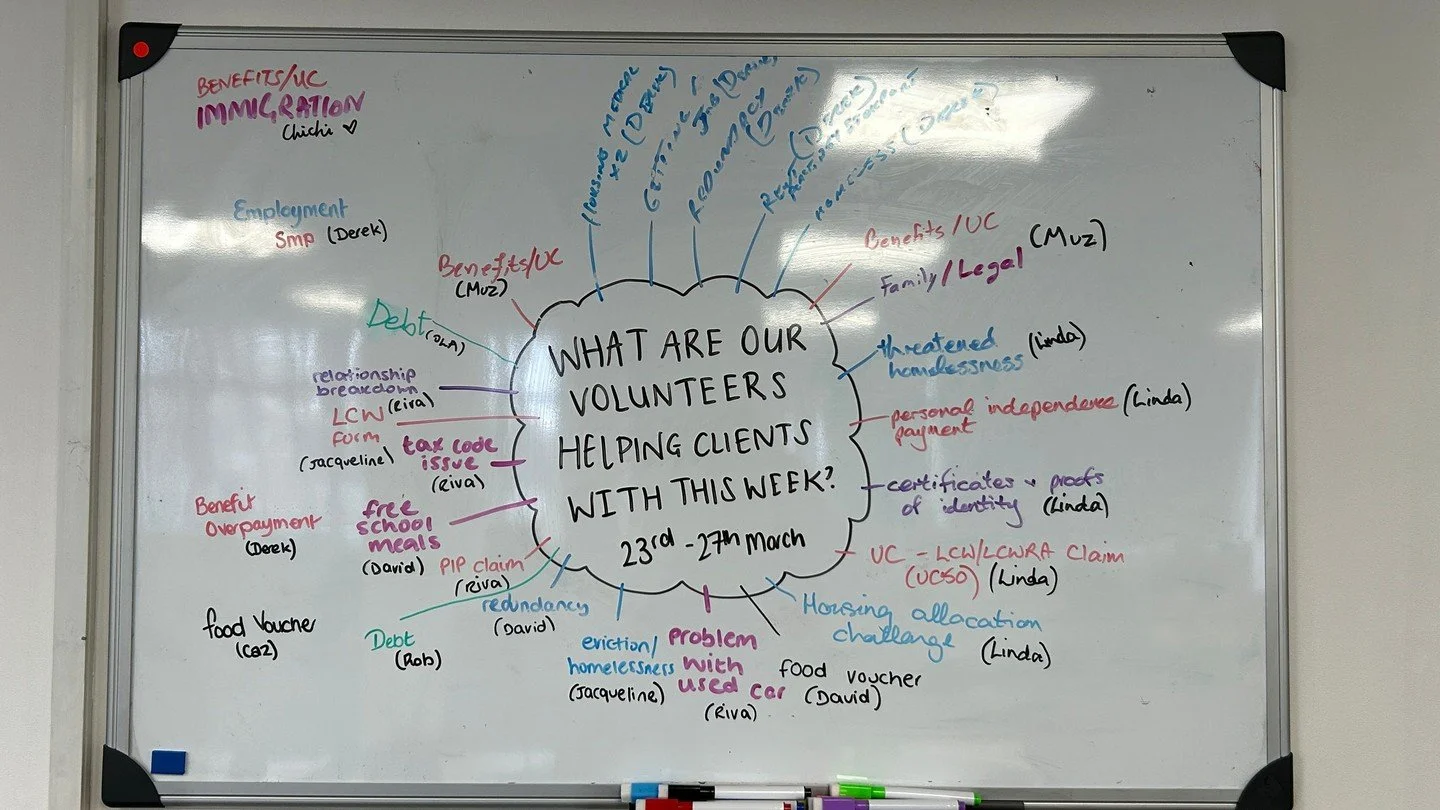 What have our volunteers been advising on? Last week it ranged from help with eviction, to relationship breakdown advice, to issuing food vouchers. 

Could you volunteer with us? Apply online using the link in bio