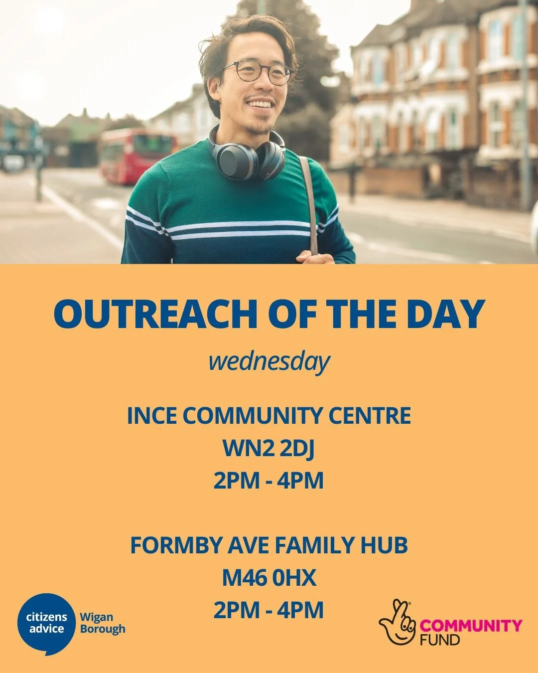 Come talk to us at our outreach community advice services where we'll be giving advice and support at locations throughout the Wigan Borough!

On Wednesdays we are at the Ince community centre and Formby Avenue Family Hub.

You can volunteer at our o