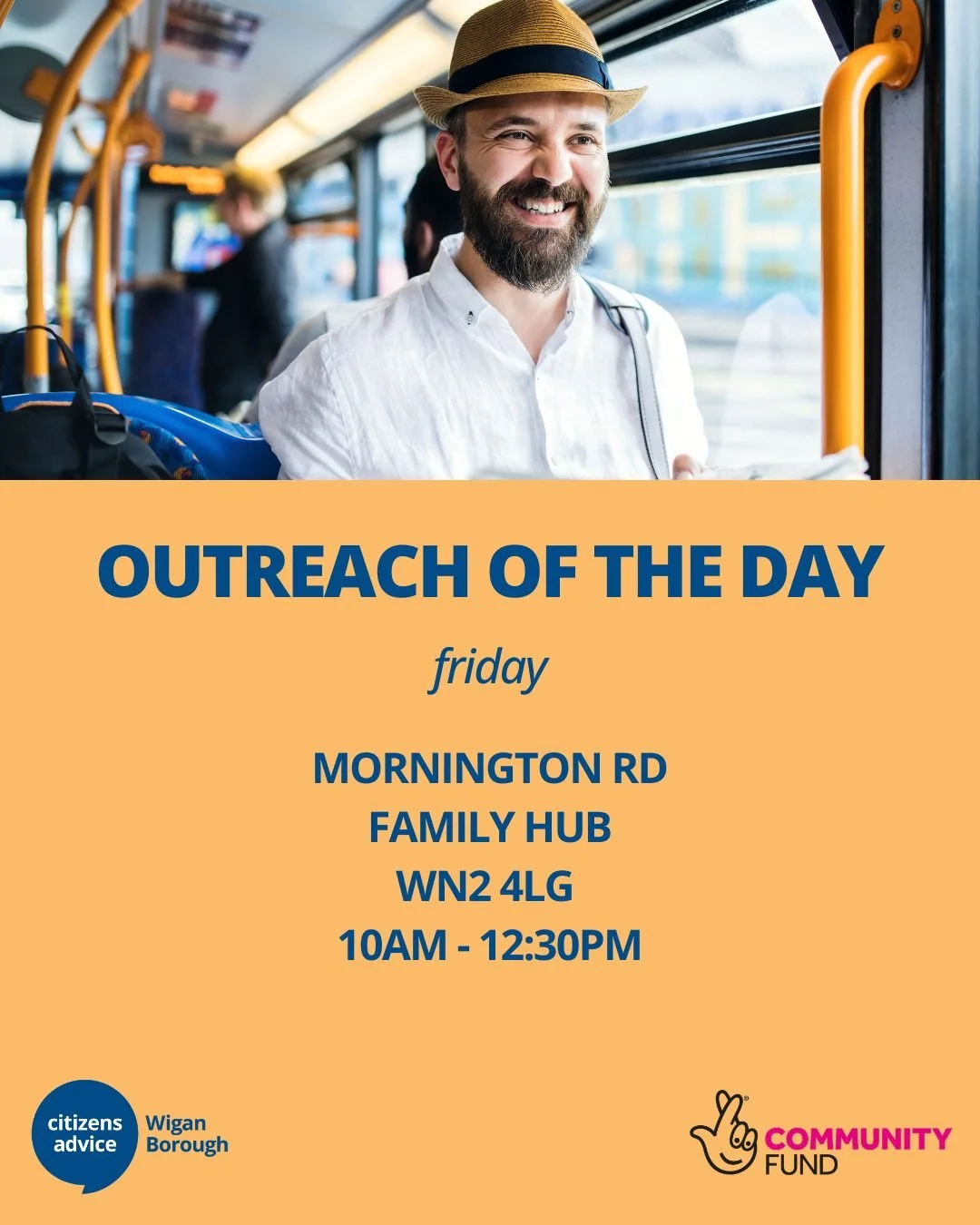 Come talk to us at our outreach community advice services where we'll be giving advice and support at locations throughout the Wigan Borough!

On Fridays we are at Mornington Road. 

You can volunteer at our outreaches to be able to provide advice in