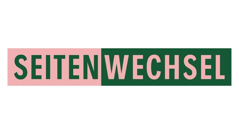 Der Schriftzug zeigt das Wort 'SEITENWECHSEL' in großen, farbigen Buchstaben auf einer zweifarbigen Hintergrundlinie, wobei 'SEITEN' auf rosa und 'WECHSEL' auf grünem Hintergrund steht.