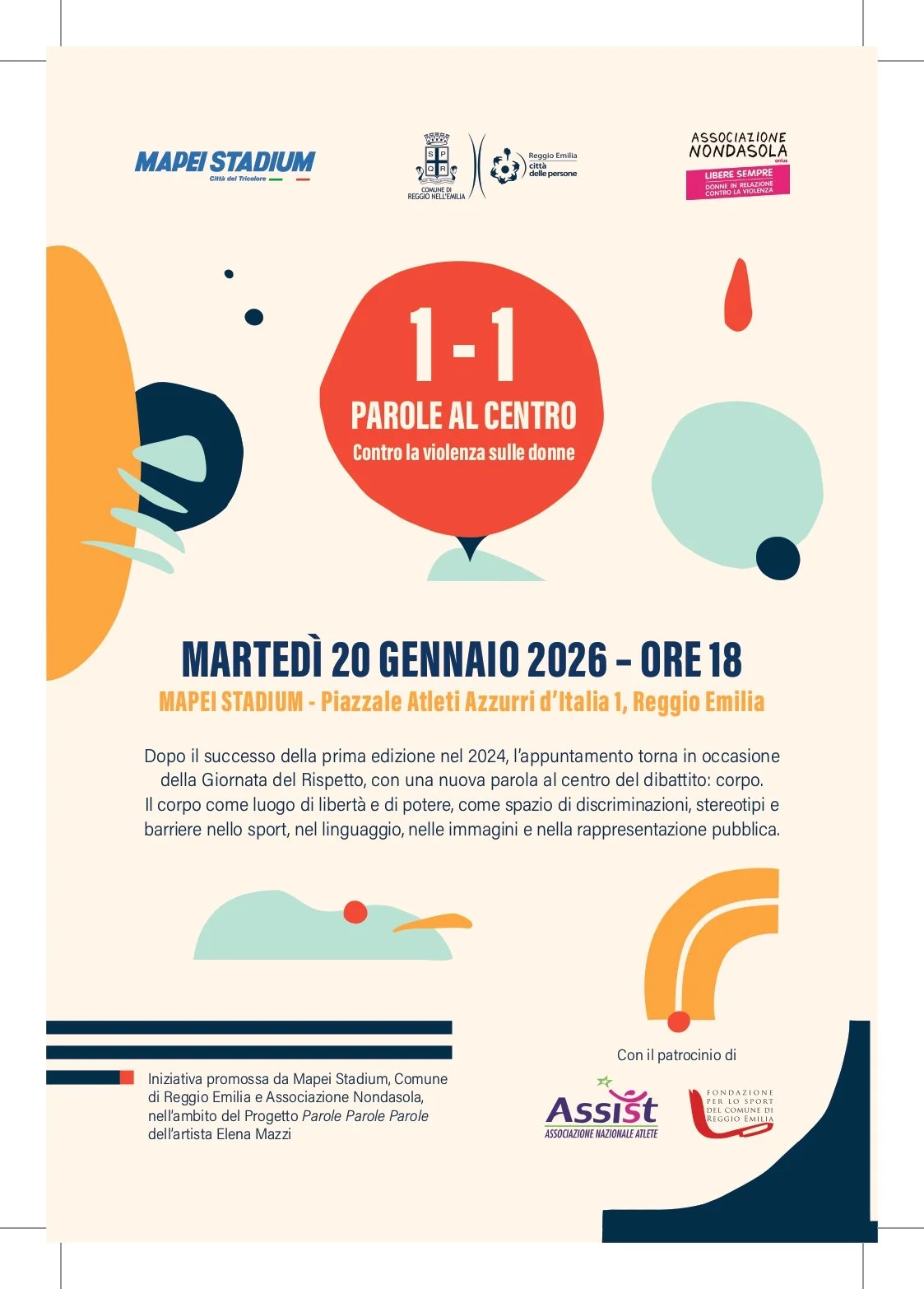 Martedì 20 gennaio 2026 | “1-1 Parole al centro. Contro la violenza sulle donne”, ore 18, Mapei Stadium