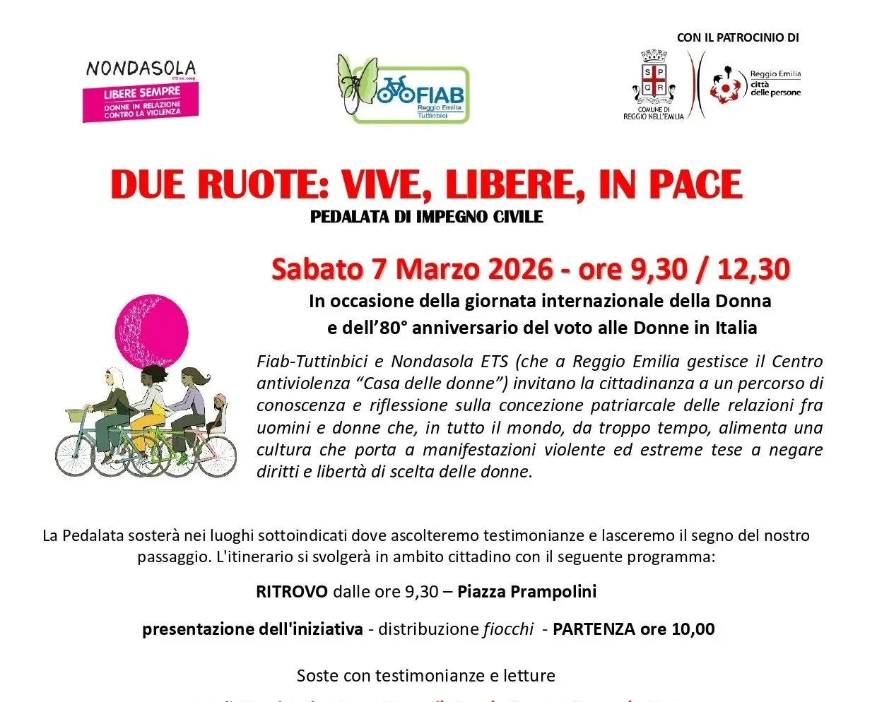 Sabato 7 marzo | “Due ruote: vive, libere, in pace” pedalata di impegno civile, ore 9:30, Reggio Emilia