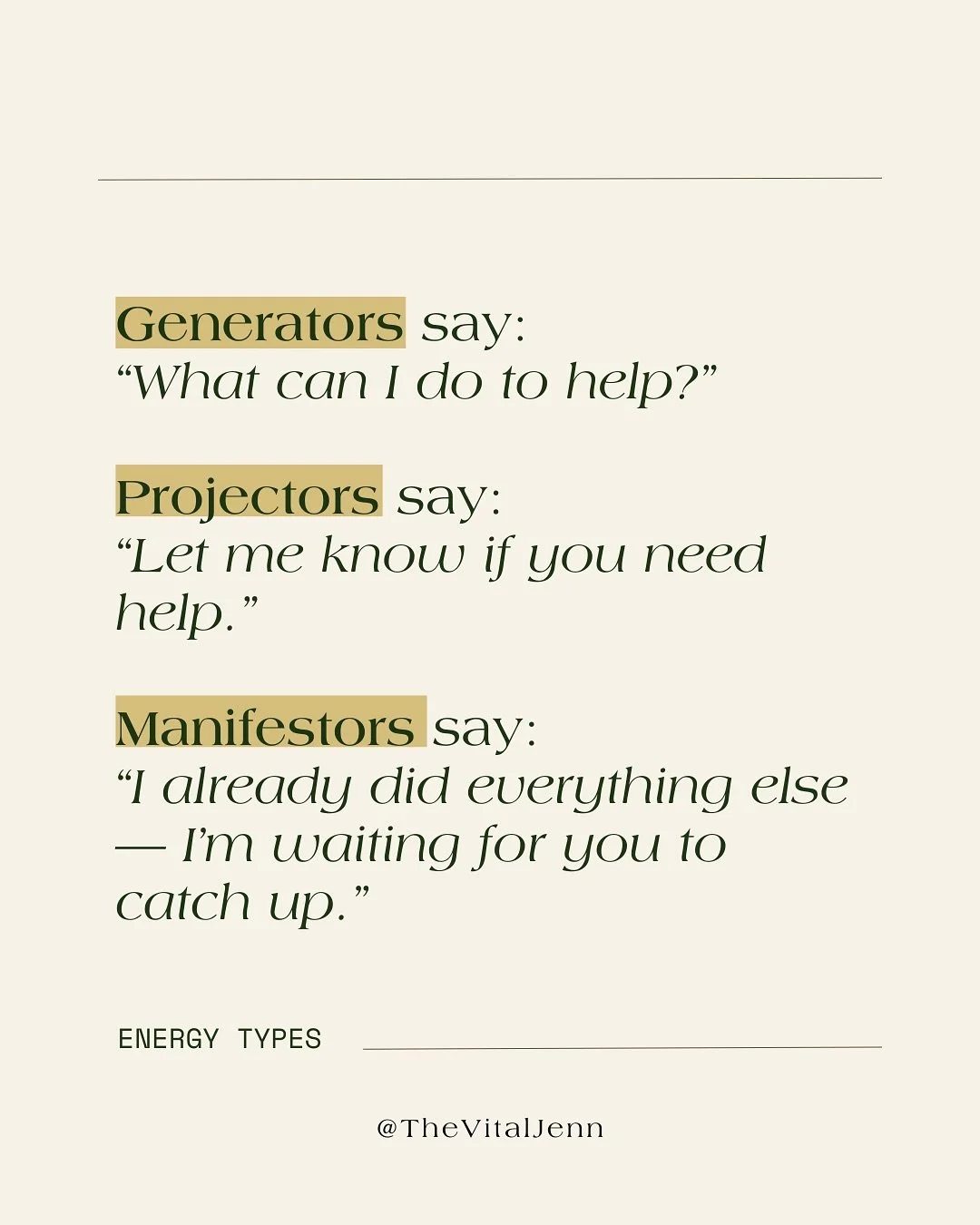 💥 Understanding your type isn&rsquo;t abstract &mdash; it&rsquo;s your operating system. 

Stop trying to play someone else&rsquo;s game. 

Know your design. Own your power.

Learn about each type and so much more from my recordings! Available only 